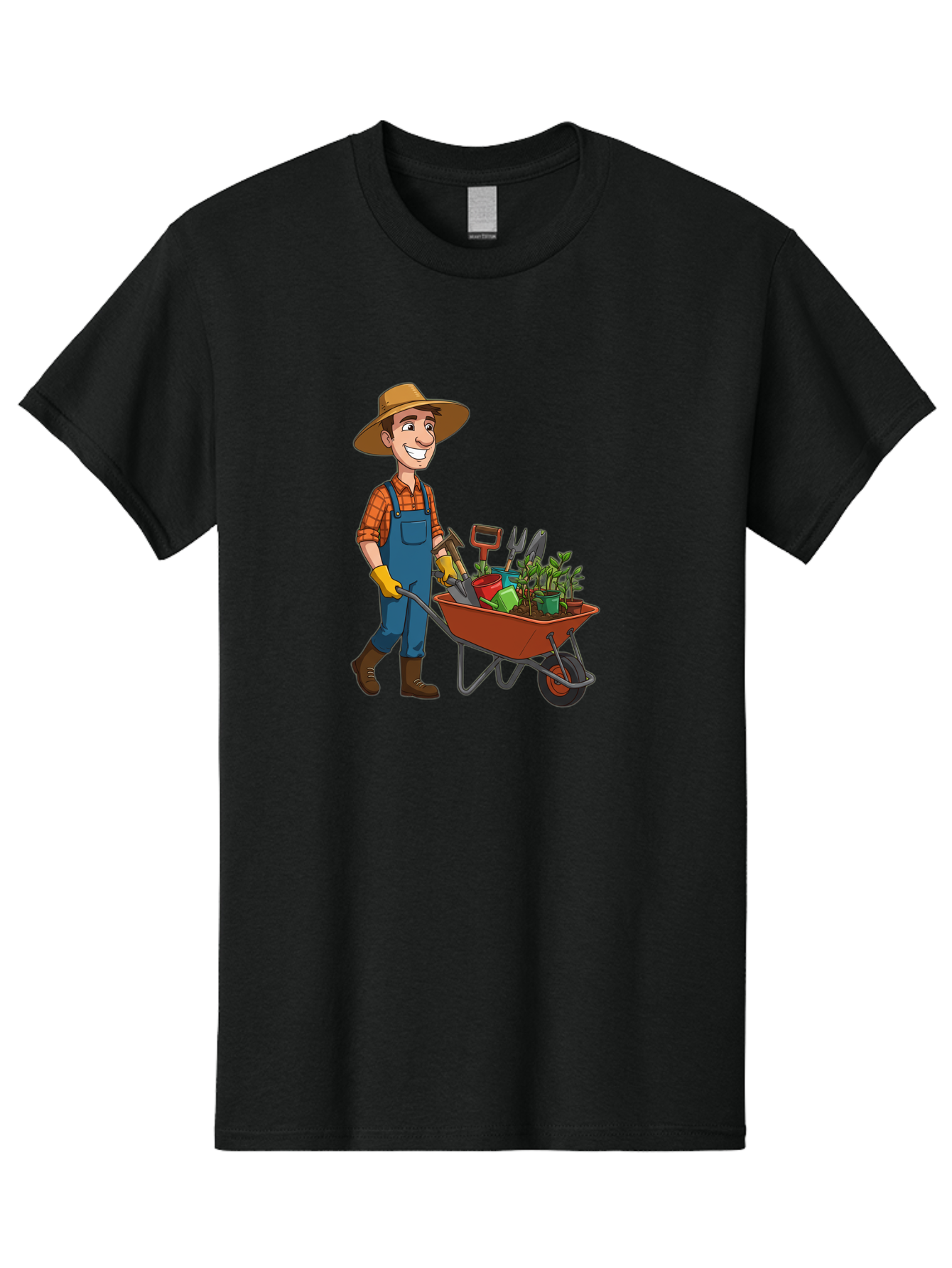 Gardener-With-Wheelbarrow Men'S Graphic Tee, 100% Cotton, Comfortable Casual Summer Wear, Machine Washable, Gardener Pushing Wheelbarrow, Gardening Tools, Plants In Pots, Farmer Wear, Overalls And Hat, Gardening Activities, Outdoor Work, Baa719