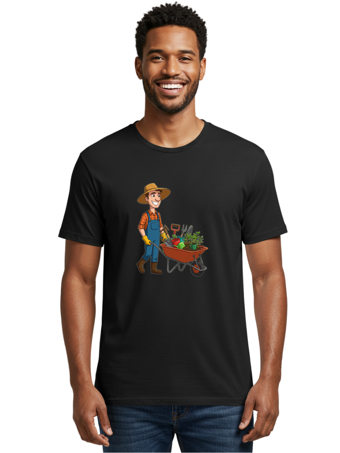 Gardener-With-Wheelbarrow Men'S Graphic Tee, 100% Cotton, Comfortable Casual Summer Wear, Machine Washable, Gardener Pushing Wheelbarrow, Gardening Tools, Plants In Pots, Farmer Wear, Overalls And Hat, Gardening Activities, Outdoor Work, Baa719