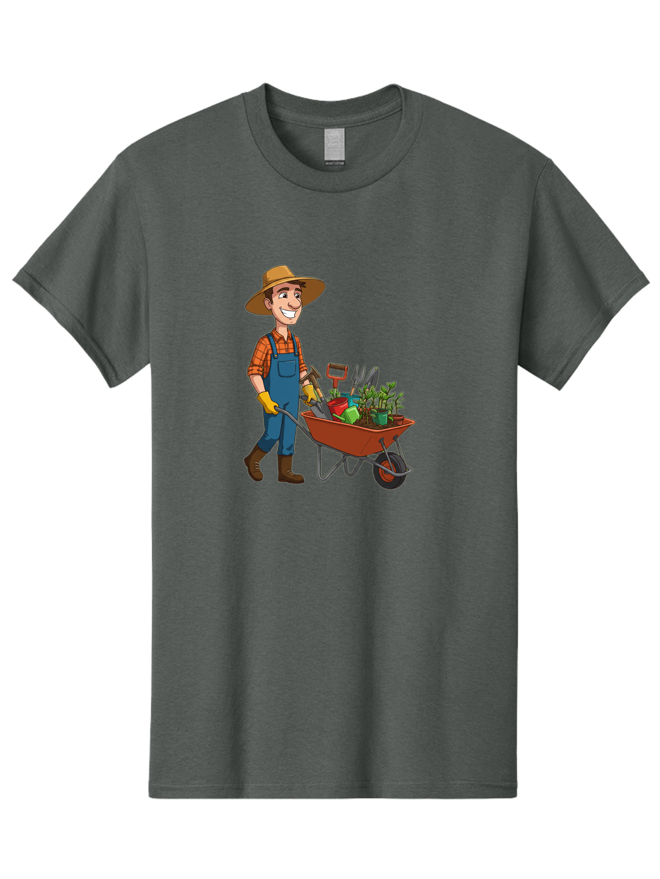 Gardener-With-Wheelbarrow Men'S Graphic Tee, 100% Cotton, Comfortable Casual Summer Wear, Machine Washable, Gardener Pushing Wheelbarrow, Gardening Tools, Plants In Pots, Farmer Wear, Overalls And Hat, Gardening Activities, Outdoor Work, Baa719