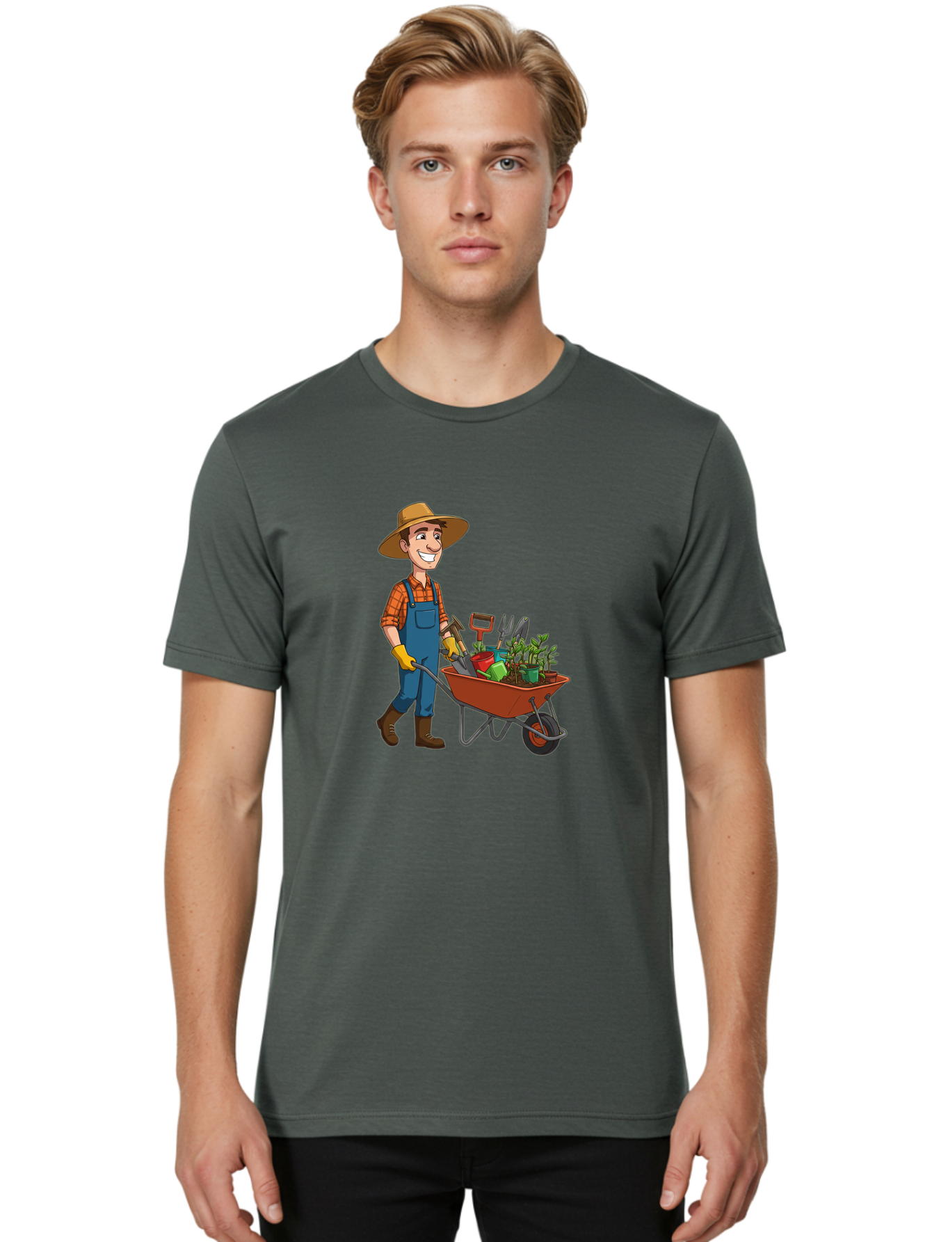 Gardener-With-Wheelbarrow Men'S Graphic Tee, 100% Cotton, Comfortable Casual Summer Wear, Machine Washable, Gardener Pushing Wheelbarrow, Gardening Tools, Plants In Pots, Farmer Wear, Overalls And Hat, Gardening Activities, Outdoor Work, Baa719