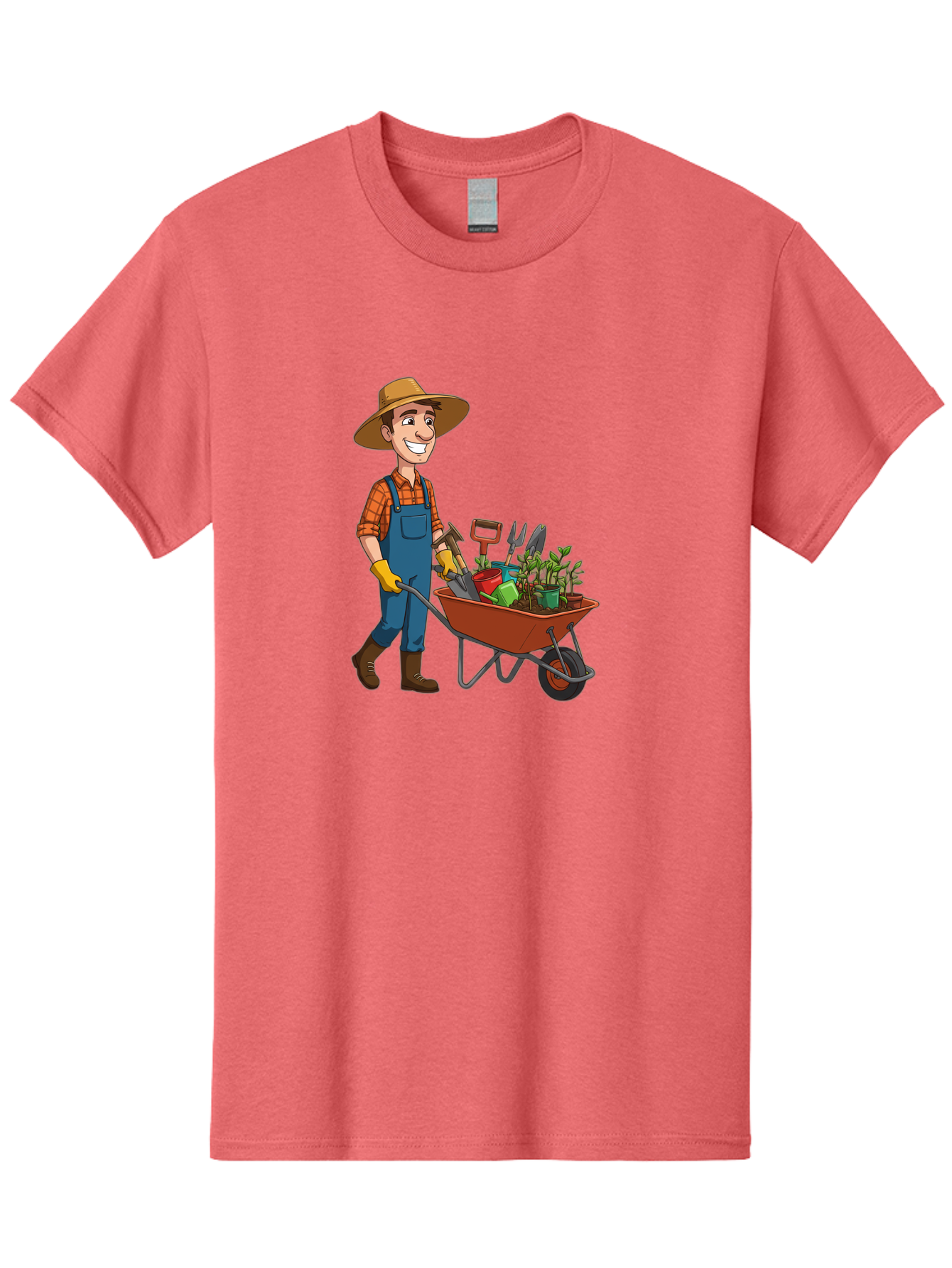 Gardener-With-Wheelbarrow Men'S Graphic Tee, 100% Cotton, Comfortable Casual Summer Wear, Machine Washable, Gardener Pushing Wheelbarrow, Gardening Tools, Plants In Pots, Farmer Wear, Overalls And Hat, Gardening Activities, Outdoor Work, Baa719