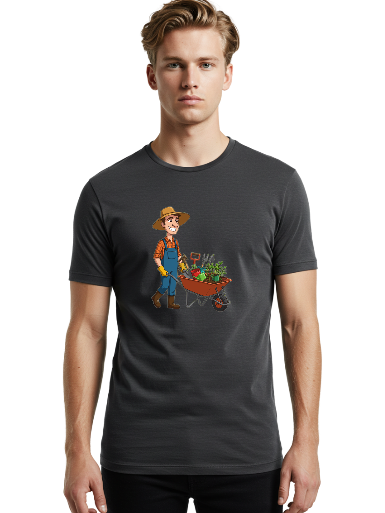 Gardener-With-Wheelbarrow Men'S Graphic Tee, 100% Cotton, Comfortable Casual Summer Wear, Machine Washable, Gardener Pushing Wheelbarrow, Gardening Tools, Plants In Pots, Farmer Wear, Overalls And Hat, Gardening Activities, Outdoor Work, Baa719