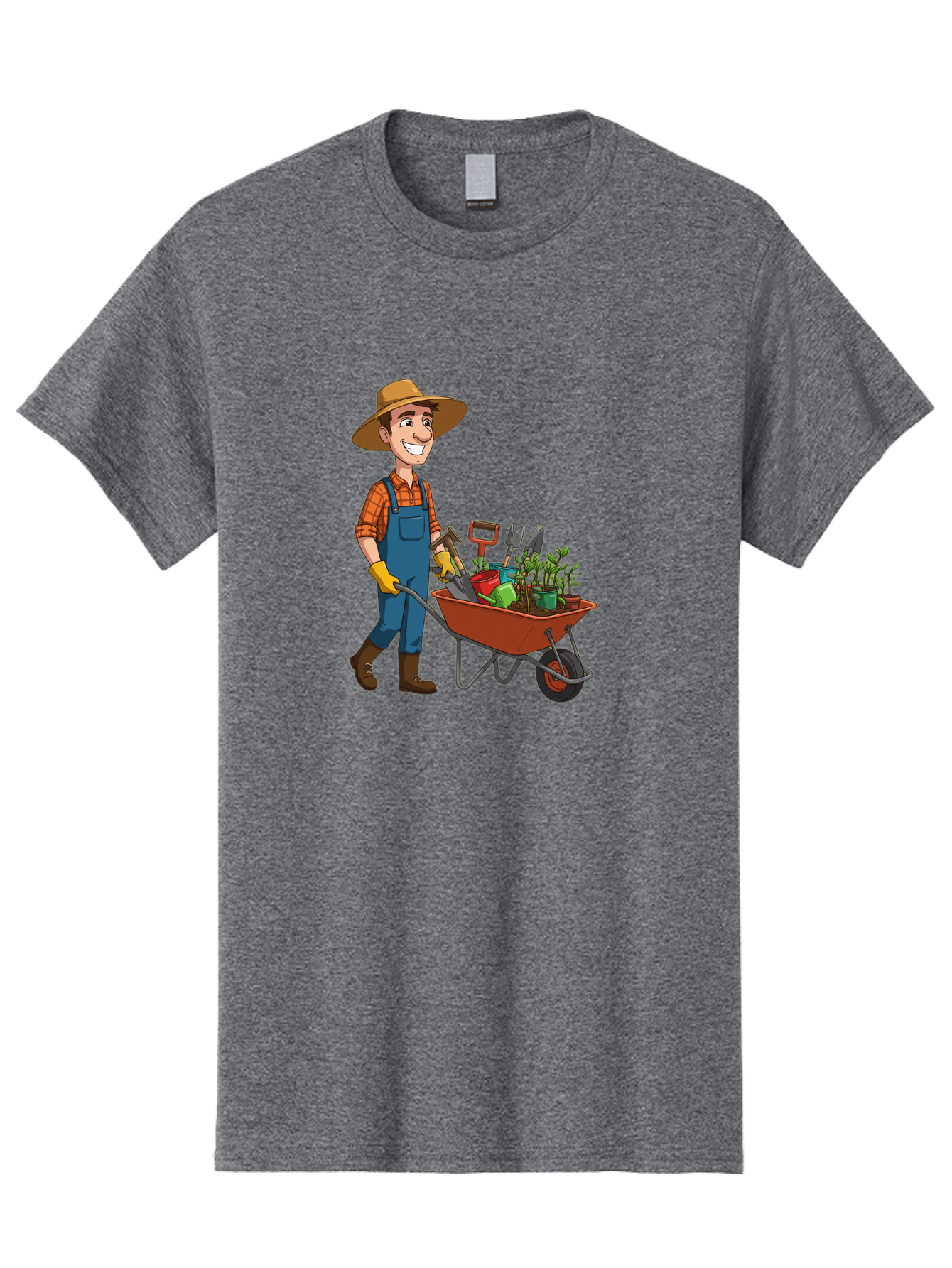 Gardener-With-Wheelbarrow Men'S Graphic Tee, 100% Cotton, Comfortable Casual Summer Wear, Machine Washable, Gardener Pushing Wheelbarrow, Gardening Tools, Plants In Pots, Farmer Wear, Overalls And Hat, Gardening Activities, Outdoor Work, Baa719