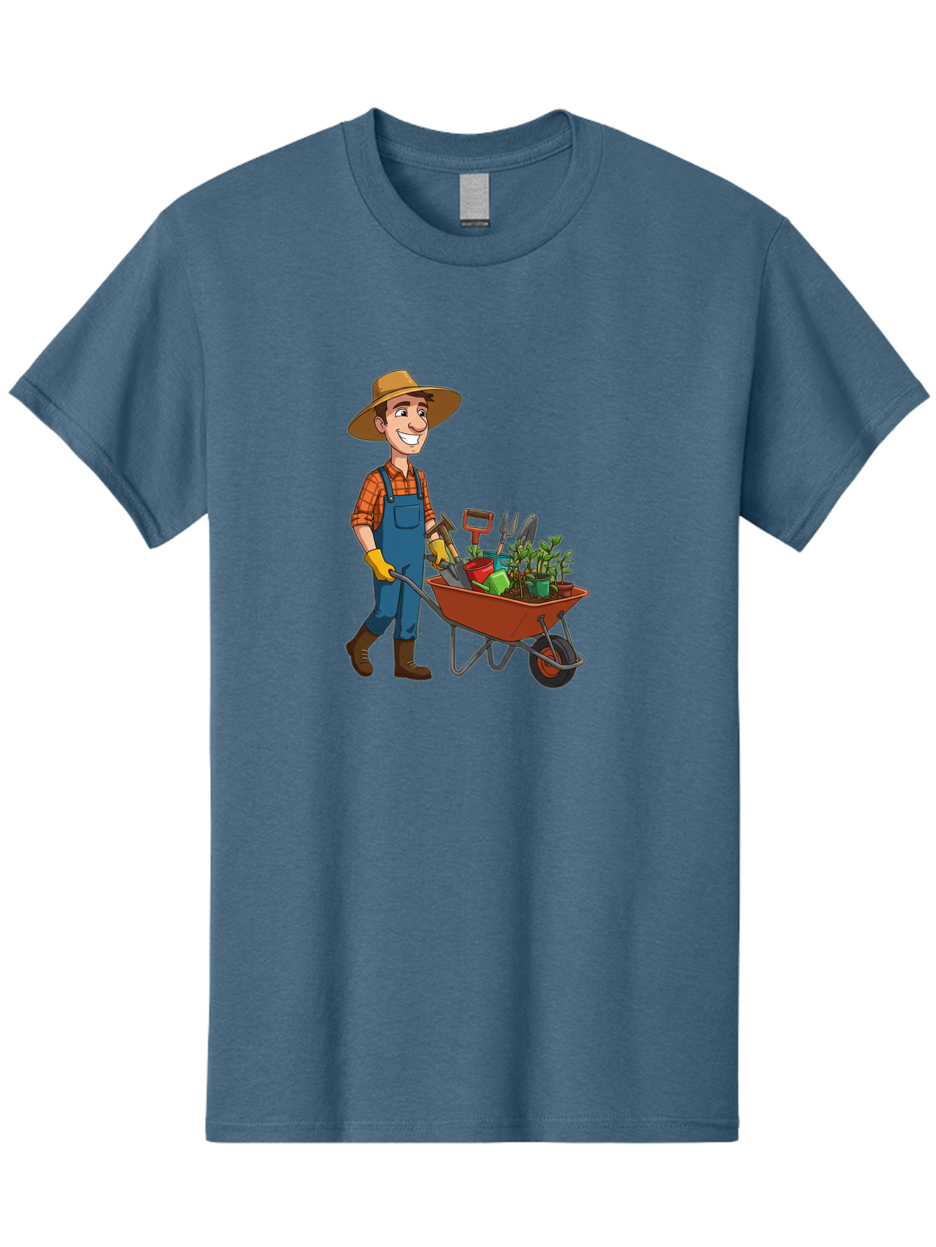 Gardener-With-Wheelbarrow Men'S Graphic Tee, 100% Cotton, Comfortable Casual Summer Wear, Machine Washable, Gardener Pushing Wheelbarrow, Gardening Tools, Plants In Pots, Farmer Wear, Overalls And Hat, Gardening Activities, Outdoor Work, Baa719