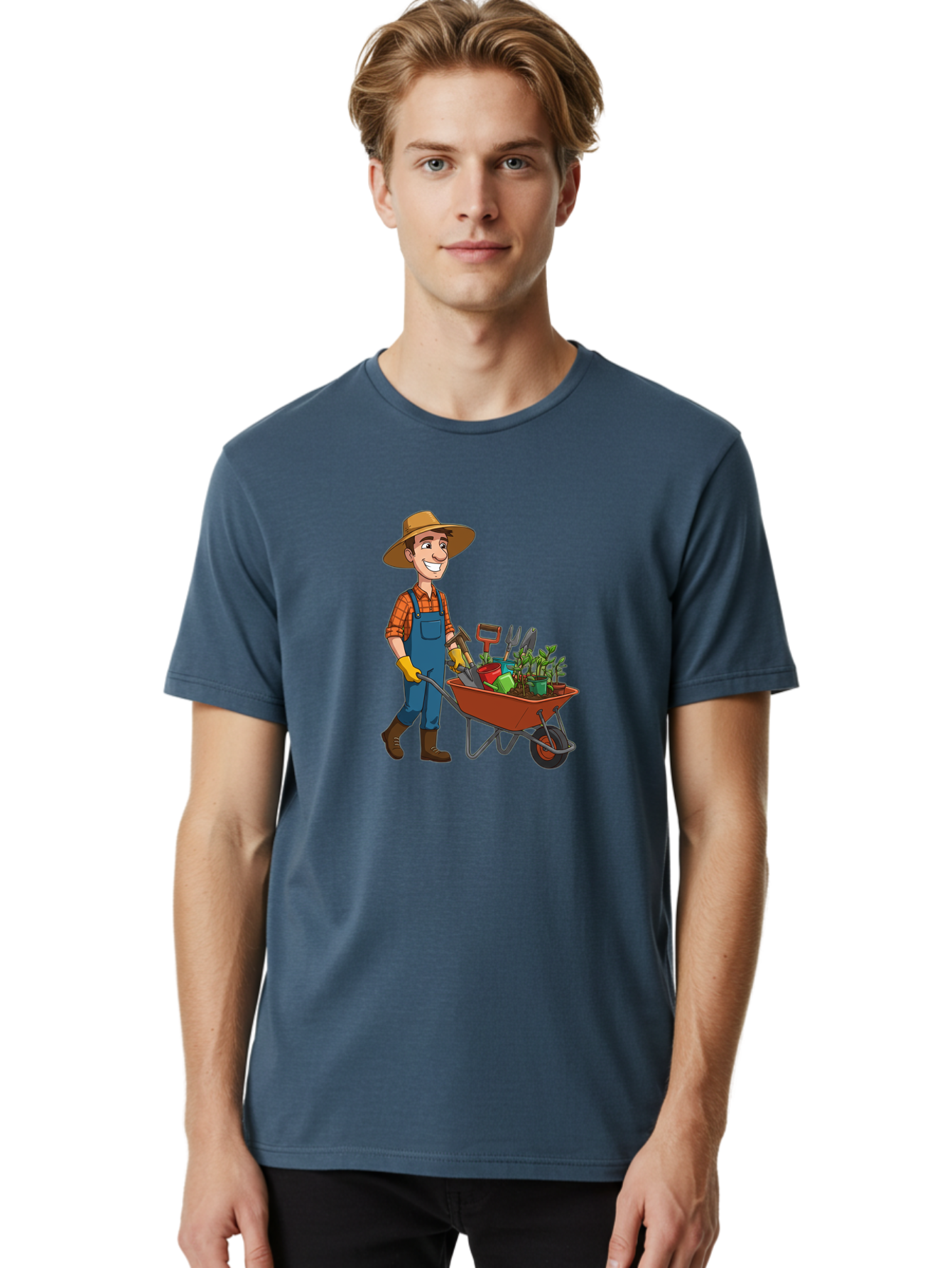 Gardener-With-Wheelbarrow Men'S Graphic Tee, 100% Cotton, Comfortable Casual Summer Wear, Machine Washable, Gardener Pushing Wheelbarrow, Gardening Tools, Plants In Pots, Farmer Wear, Overalls And Hat, Gardening Activities, Outdoor Work, Baa719