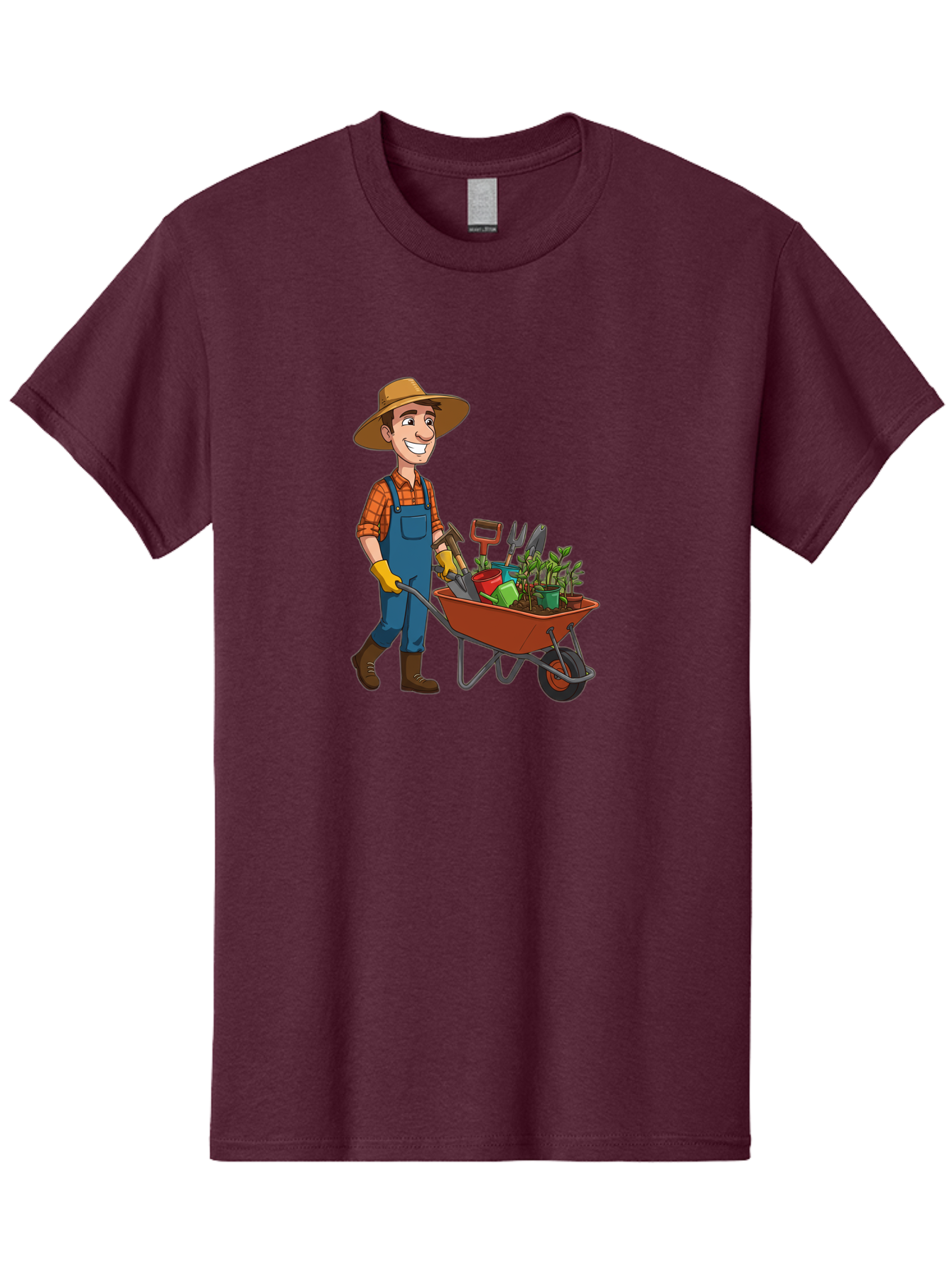 Gardener-With-Wheelbarrow Men'S Graphic Tee, 100% Cotton, Comfortable Casual Summer Wear, Machine Washable, Gardener Pushing Wheelbarrow, Gardening Tools, Plants In Pots, Farmer Wear, Overalls And Hat, Gardening Activities, Outdoor Work, Baa719