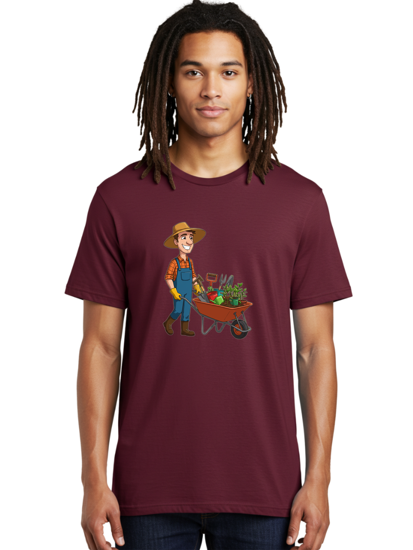 Gardener-With-Wheelbarrow Men'S Graphic Tee, 100% Cotton, Comfortable Casual Summer Wear, Machine Washable, Gardener Pushing Wheelbarrow, Gardening Tools, Plants In Pots, Farmer Wear, Overalls And Hat, Gardening Activities, Outdoor Work, Baa719