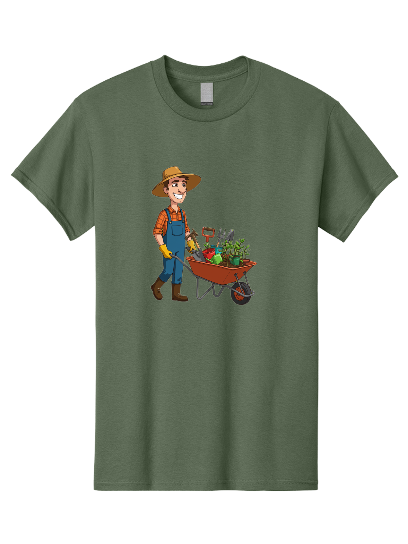 Gardener-With-Wheelbarrow Men'S Graphic Tee, 100% Cotton, Comfortable Casual Summer Wear, Machine Washable, Gardener Pushing Wheelbarrow, Gardening Tools, Plants In Pots, Farmer Wear, Overalls And Hat, Gardening Activities, Outdoor Work, Baa719