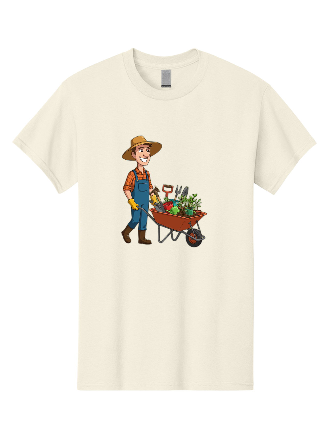 Gardener-With-Wheelbarrow Men'S Graphic Tee, 100% Cotton, Comfortable Casual Summer Wear, Machine Washable, Gardener Pushing Wheelbarrow, Gardening Tools, Plants In Pots, Farmer Wear, Overalls And Hat, Gardening Activities, Outdoor Work, Baa719