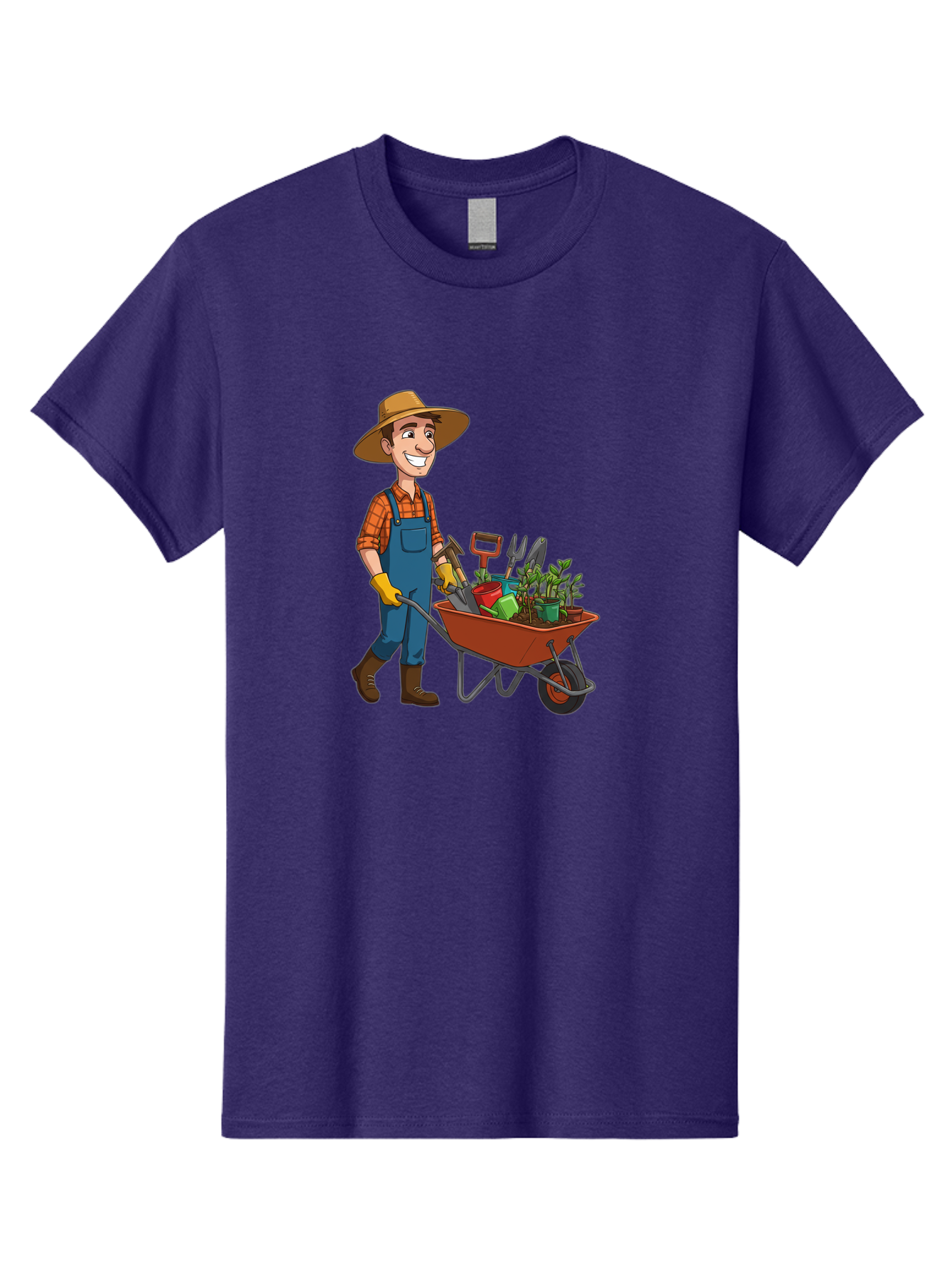 Gardener-With-Wheelbarrow Men'S Graphic Tee, 100% Cotton, Comfortable Casual Summer Wear, Machine Washable, Gardener Pushing Wheelbarrow, Gardening Tools, Plants In Pots, Farmer Wear, Overalls And Hat, Gardening Activities, Outdoor Work, Baa719