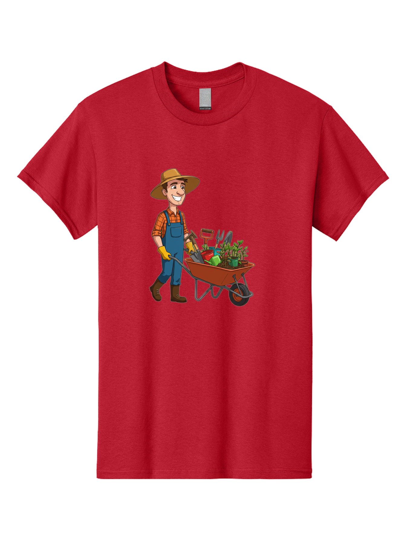 Gardener-With-Wheelbarrow Men'S Graphic Tee, 100% Cotton, Comfortable Casual Summer Wear, Machine Washable, Gardener Pushing Wheelbarrow, Gardening Tools, Plants In Pots, Farmer Wear, Overalls And Hat, Gardening Activities, Outdoor Work, Baa719