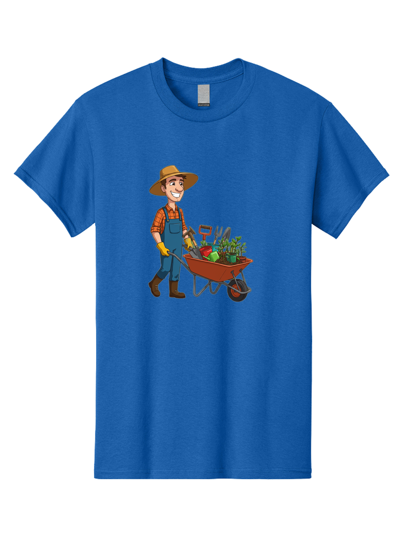 Gardener-With-Wheelbarrow Men'S Graphic Tee, 100% Cotton, Comfortable Casual Summer Wear, Machine Washable, Gardener Pushing Wheelbarrow, Gardening Tools, Plants In Pots, Farmer Wear, Overalls And Hat, Gardening Activities, Outdoor Work, Baa719