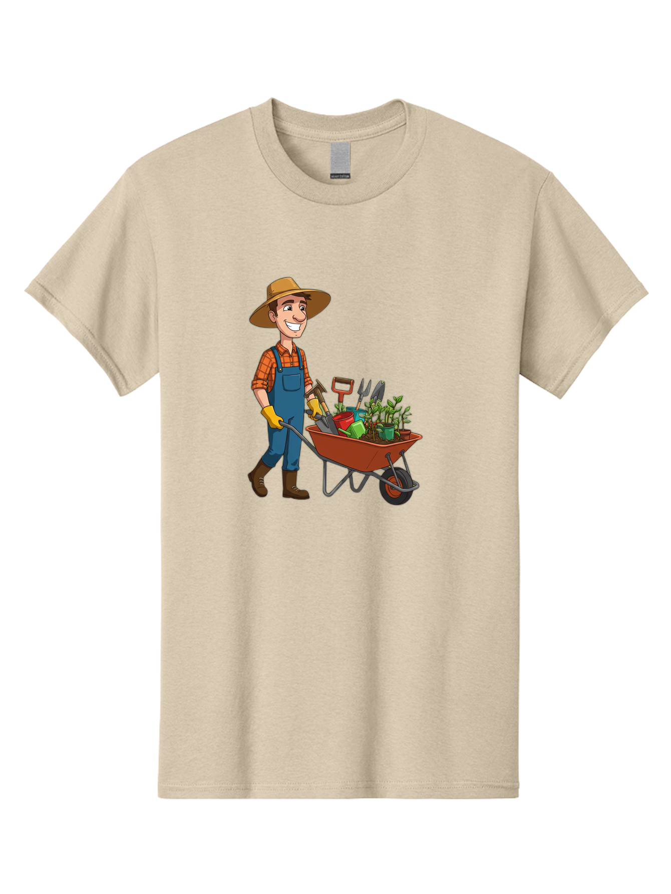 Gardener-With-Wheelbarrow Men'S Graphic Tee, 100% Cotton, Comfortable Casual Summer Wear, Machine Washable, Gardener Pushing Wheelbarrow, Gardening Tools, Plants In Pots, Farmer Wear, Overalls And Hat, Gardening Activities, Outdoor Work, Baa719