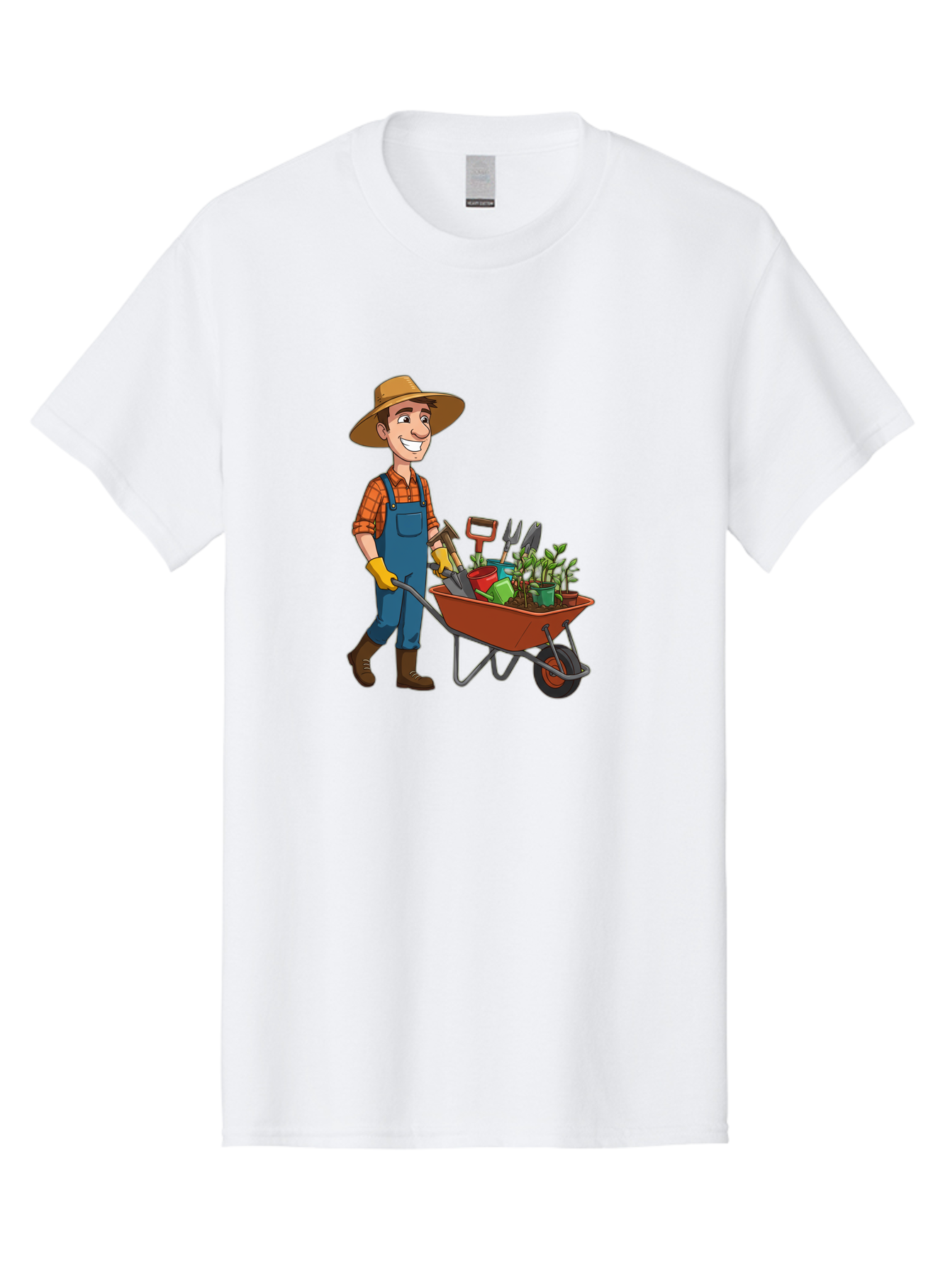 Gardener-With-Wheelbarrow Men'S Graphic Tee, 100% Cotton, Comfortable Casual Summer Wear, Machine Washable, Gardener Pushing Wheelbarrow, Gardening Tools, Plants In Pots, Farmer Wear, Overalls And Hat, Gardening Activities, Outdoor Work, Baa719