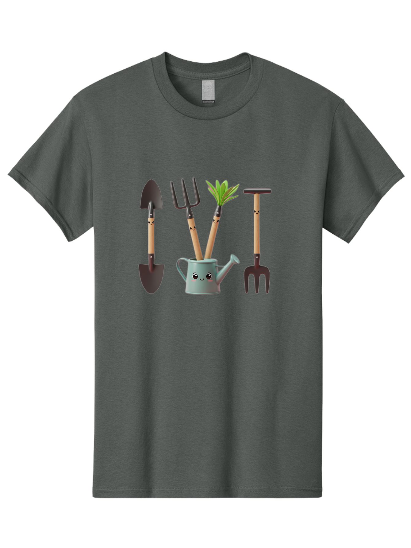 Gardening-Tools-2 Men'S Graphic Tee, 100% Cotton, Comfortable Casual Summer Wear, Machine Washable, Gardening Tools, Shovel, Pitchfork, Trowel, Garden Fork, Watering Can, Anthropomorphic, Gardening Accessories, Green Thumb Baa722