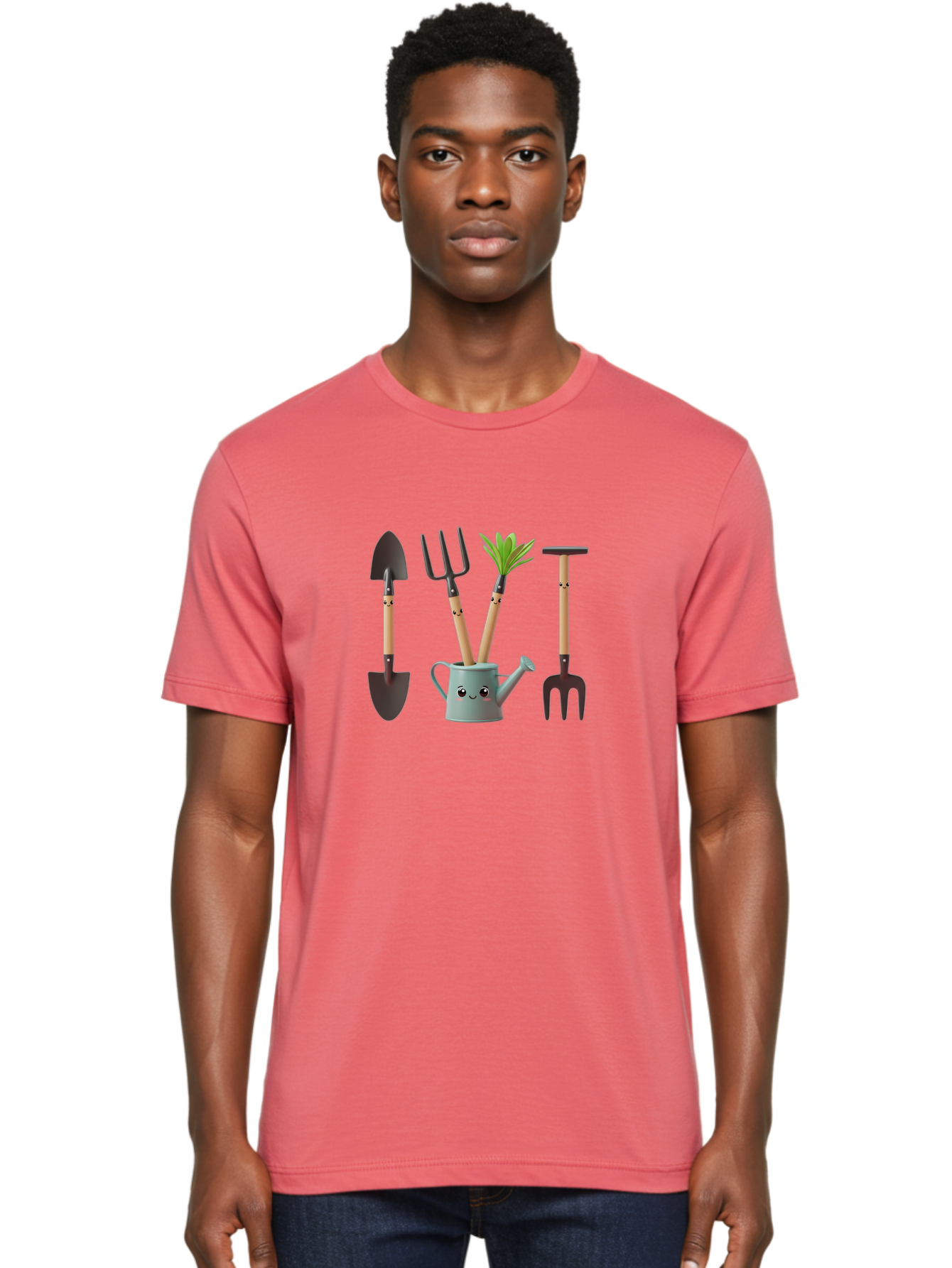Gardening-Tools-2 Men'S Graphic Tee, 100% Cotton, Comfortable Casual Summer Wear, Machine Washable, Gardening Tools, Shovel, Pitchfork, Trowel, Garden Fork, Watering Can, Anthropomorphic, Gardening Accessories, Green Thumb Baa722