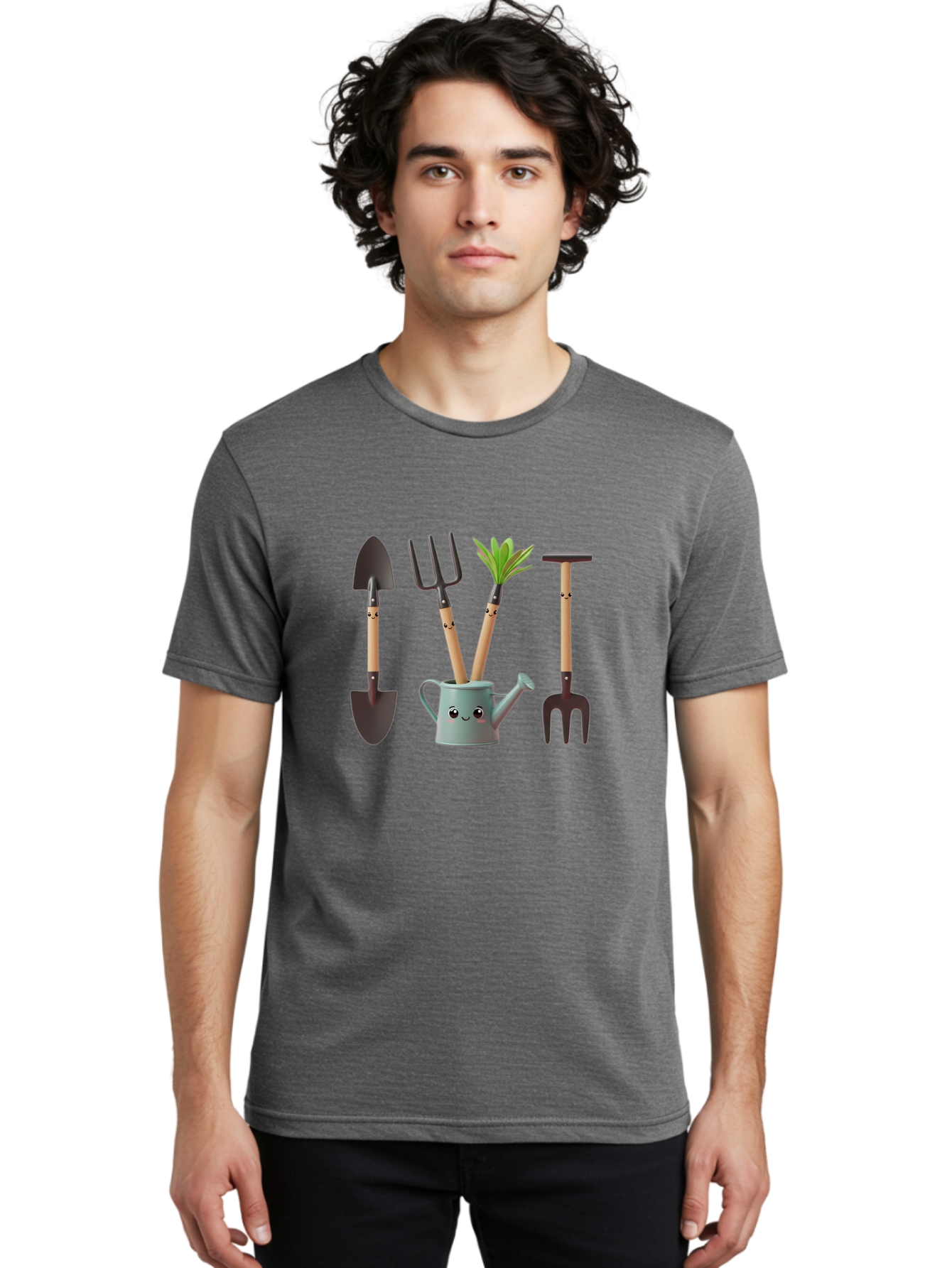 Gardening-Tools-2 Men'S Graphic Tee, 100% Cotton, Comfortable Casual Summer Wear, Machine Washable, Gardening Tools, Shovel, Pitchfork, Trowel, Garden Fork, Watering Can, Anthropomorphic, Gardening Accessories, Green Thumb Baa722