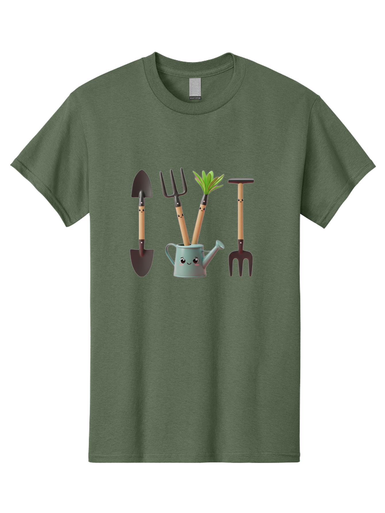 Gardening-Tools-2 Men'S Graphic Tee, 100% Cotton, Comfortable Casual Summer Wear, Machine Washable, Gardening Tools, Shovel, Pitchfork, Trowel, Garden Fork, Watering Can, Anthropomorphic, Gardening Accessories, Green Thumb Baa722