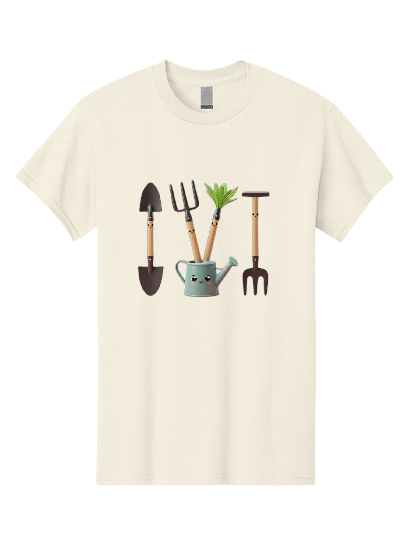 Gardening-Tools-2 Men'S Graphic Tee, 100% Cotton, Comfortable Casual Summer Wear, Machine Washable, Gardening Tools, Shovel, Pitchfork, Trowel, Garden Fork, Watering Can, Anthropomorphic, Gardening Accessories, Green Thumb Baa722