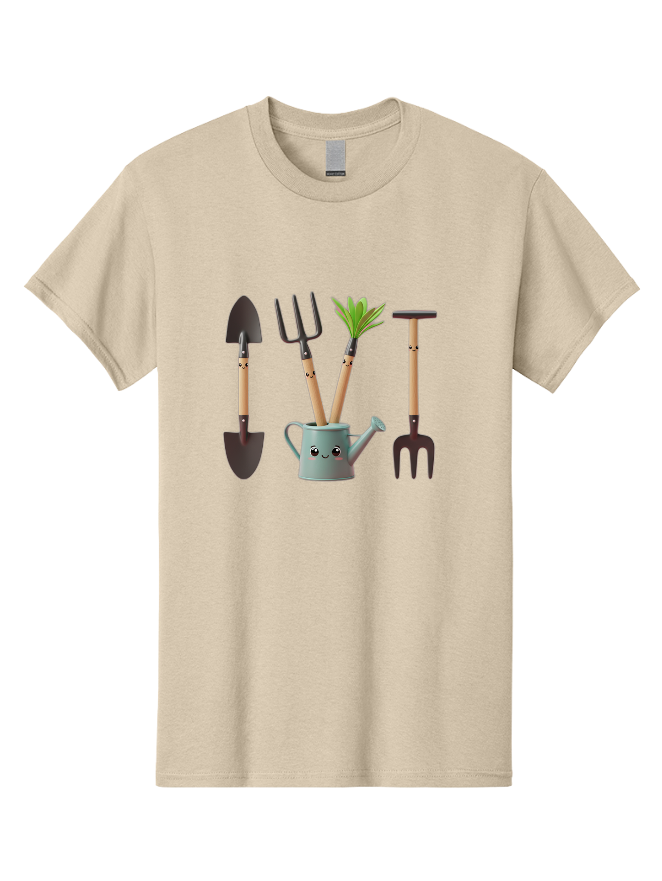 Gardening-Tools-2 Men'S Graphic Tee, 100% Cotton, Comfortable Casual Summer Wear, Machine Washable, Gardening Tools, Shovel, Pitchfork, Trowel, Garden Fork, Watering Can, Anthropomorphic, Gardening Accessories, Green Thumb Baa722