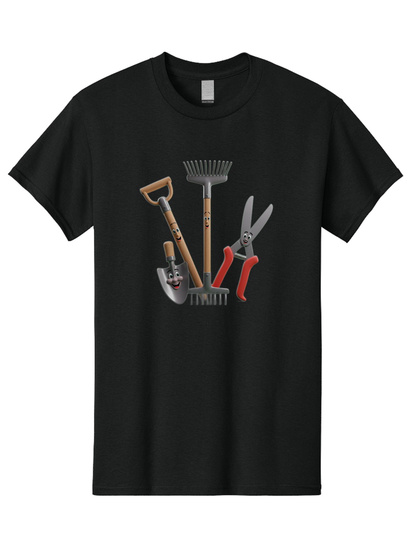 Gardening-Tools-5 Men'S Graphic Tee, 100% Cotton, Comfortable Casual Summer Wear, Machine Washable, Gardening Tools, Shovel, Rake, Pruning Shears, Anthropomorphic, Cartoon-Style, Gardening Equipment, Outdoor Gear, Friendly Tools Baa725