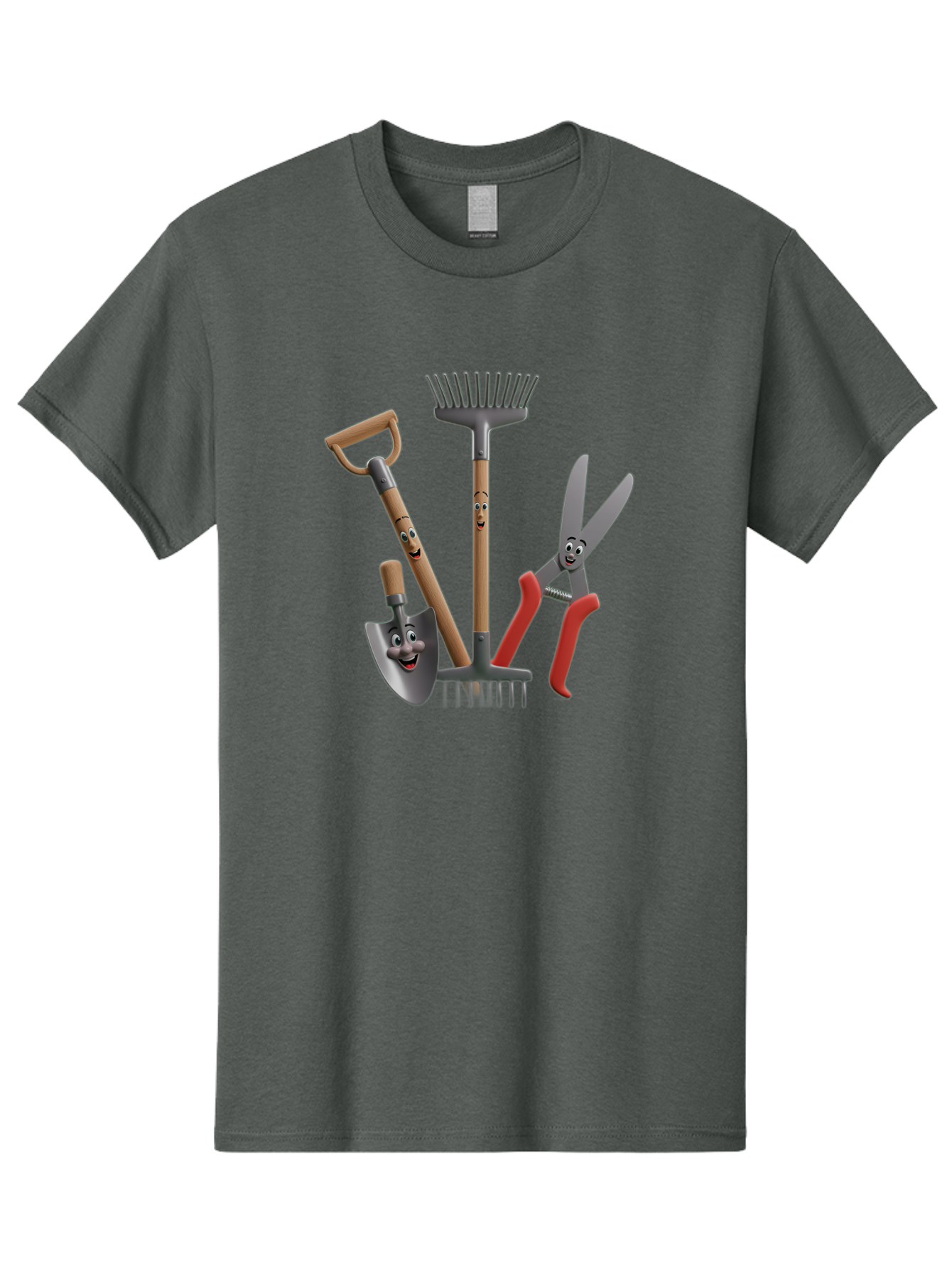 Gardening-Tools-5 Men'S Graphic Tee, 100% Cotton, Comfortable Casual Summer Wear, Machine Washable, Gardening Tools, Shovel, Rake, Pruning Shears, Anthropomorphic, Cartoon-Style, Gardening Equipment, Outdoor Gear, Friendly Tools Baa725