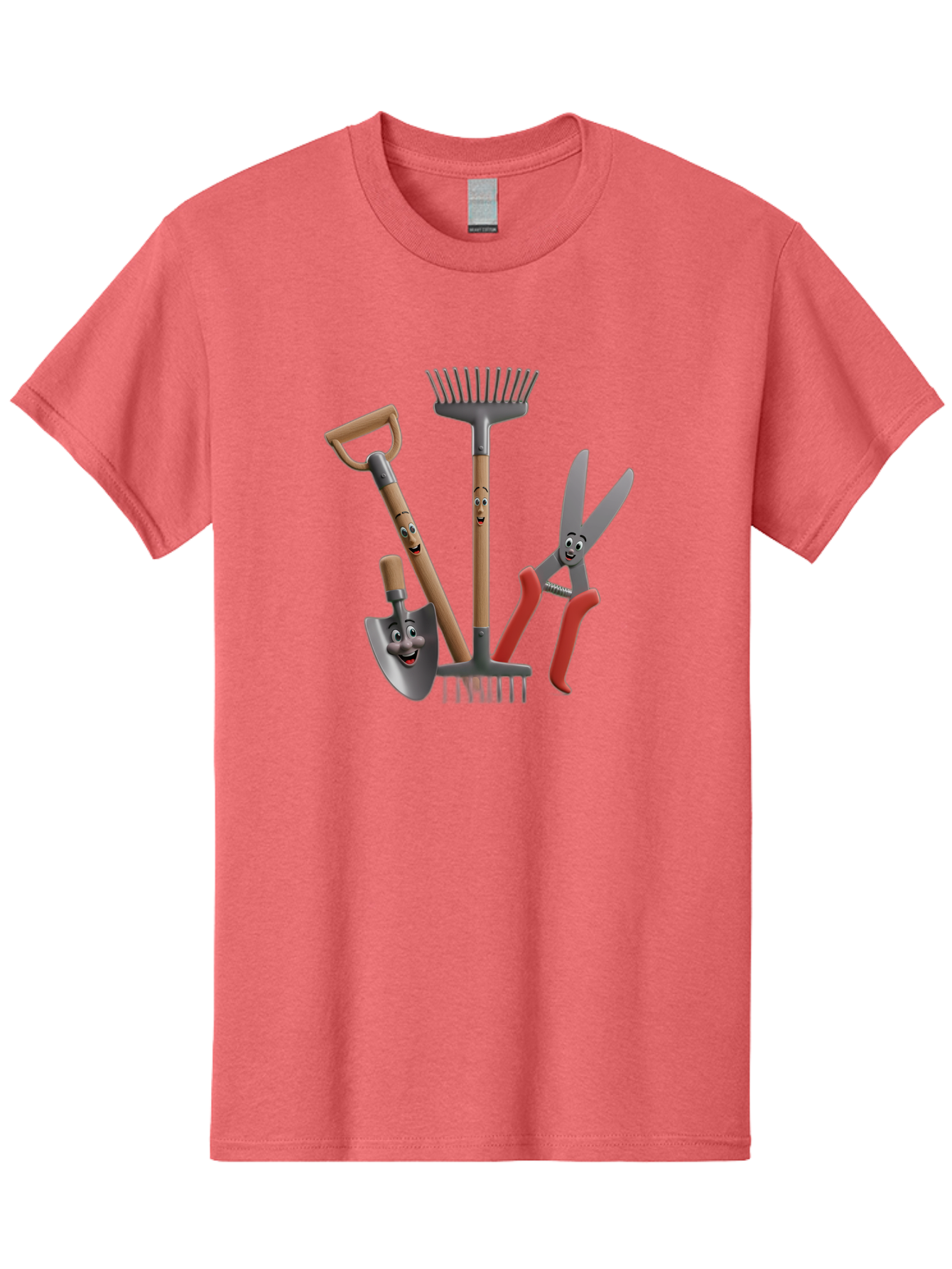 Gardening-Tools-5 Men'S Graphic Tee, 100% Cotton, Comfortable Casual Summer Wear, Machine Washable, Gardening Tools, Shovel, Rake, Pruning Shears, Anthropomorphic, Cartoon-Style, Gardening Equipment, Outdoor Gear, Friendly Tools Baa725