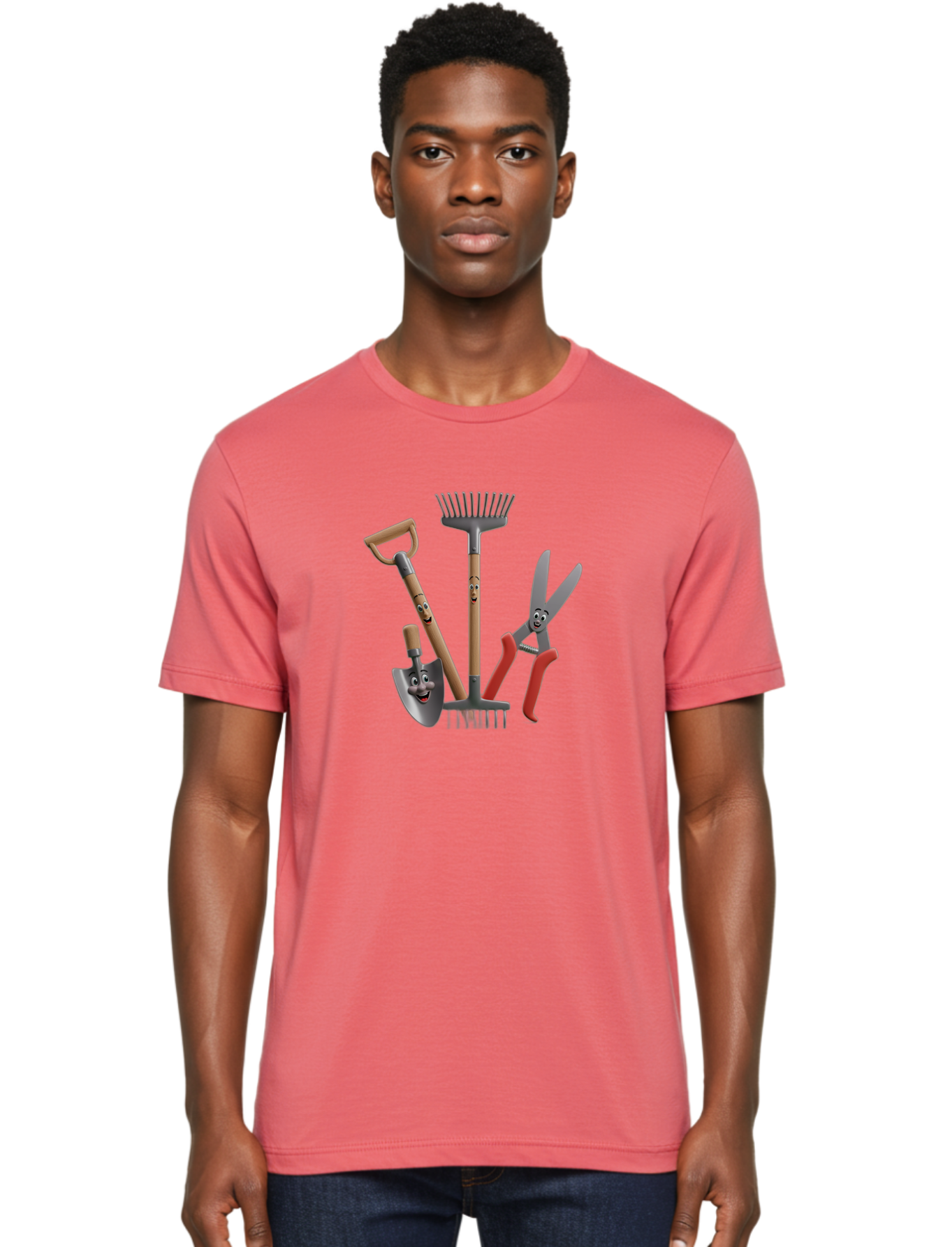 Gardening-Tools-5 Men'S Graphic Tee, 100% Cotton, Comfortable Casual Summer Wear, Machine Washable, Gardening Tools, Shovel, Rake, Pruning Shears, Anthropomorphic, Cartoon-Style, Gardening Equipment, Outdoor Gear, Friendly Tools Baa725