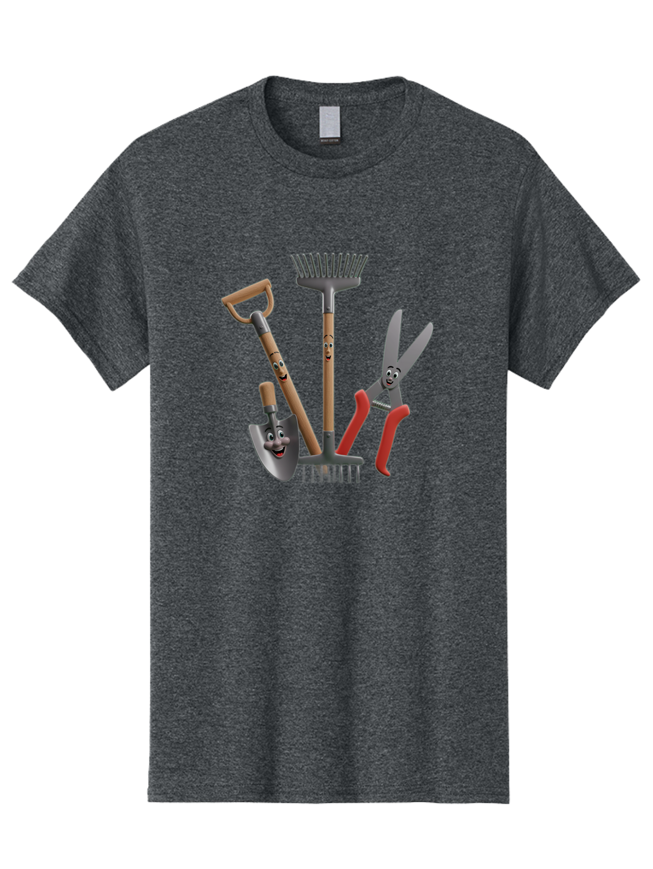 Gardening-Tools-5 Men'S Graphic Tee, 100% Cotton, Comfortable Casual Summer Wear, Machine Washable, Gardening Tools, Shovel, Rake, Pruning Shears, Anthropomorphic, Cartoon-Style, Gardening Equipment, Outdoor Gear, Friendly Tools Baa725