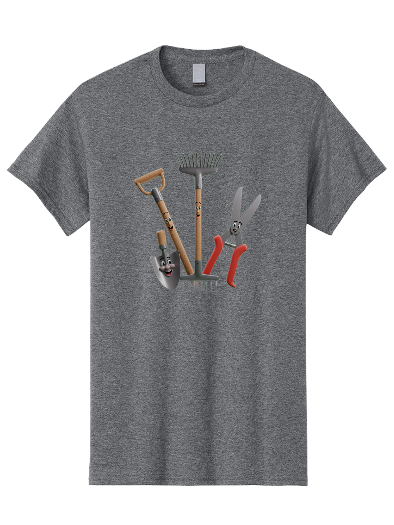 Gardening-Tools-5 Men'S Graphic Tee, 100% Cotton, Comfortable Casual Summer Wear, Machine Washable, Gardening Tools, Shovel, Rake, Pruning Shears, Anthropomorphic, Cartoon-Style, Gardening Equipment, Outdoor Gear, Friendly Tools Baa725