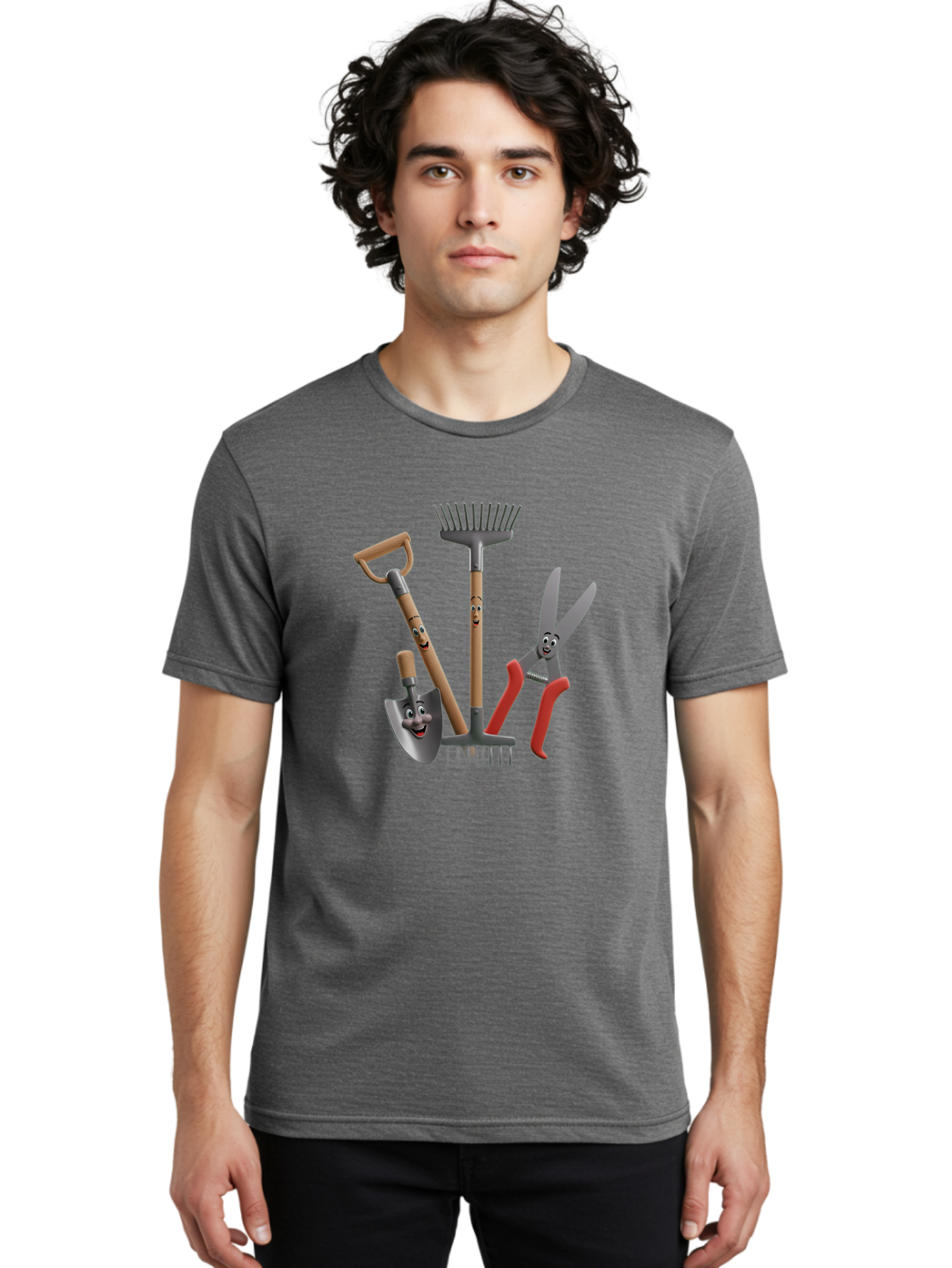 Gardening-Tools-5 Men'S Graphic Tee, 100% Cotton, Comfortable Casual Summer Wear, Machine Washable, Gardening Tools, Shovel, Rake, Pruning Shears, Anthropomorphic, Cartoon-Style, Gardening Equipment, Outdoor Gear, Friendly Tools Baa725