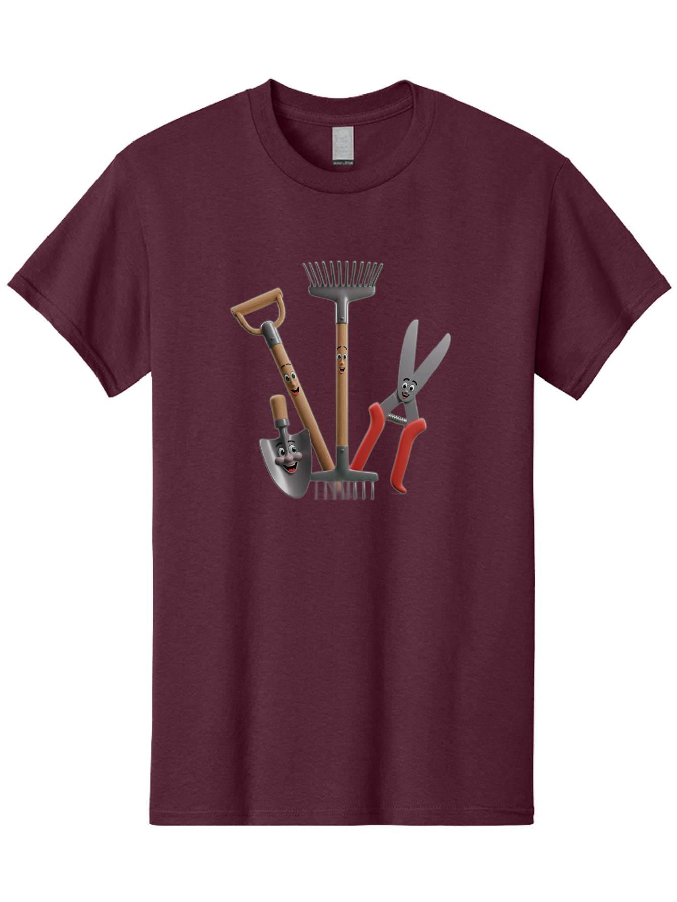 Gardening-Tools-5 Men'S Graphic Tee, 100% Cotton, Comfortable Casual Summer Wear, Machine Washable, Gardening Tools, Shovel, Rake, Pruning Shears, Anthropomorphic, Cartoon-Style, Gardening Equipment, Outdoor Gear, Friendly Tools Baa725