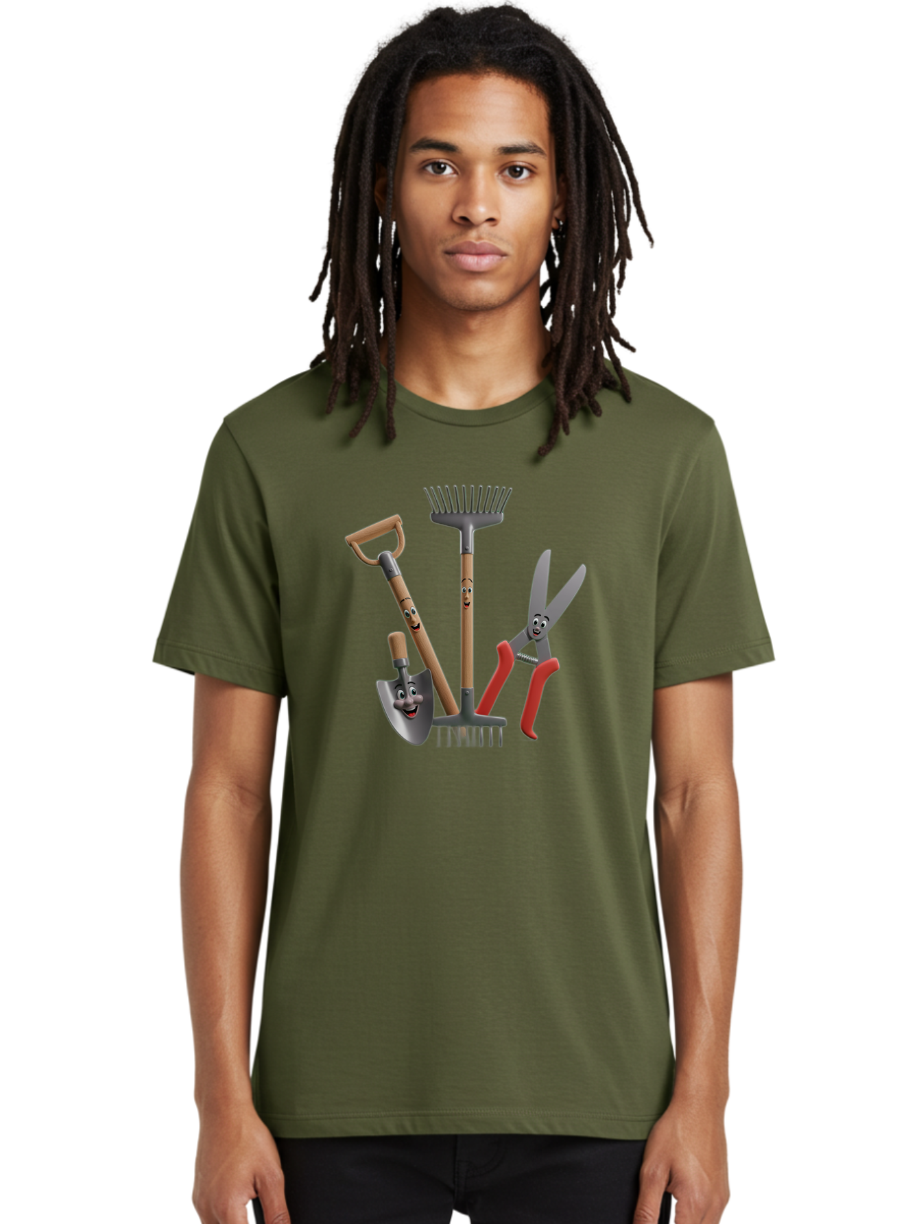 Gardening-Tools-5 Men'S Graphic Tee, 100% Cotton, Comfortable Casual Summer Wear, Machine Washable, Gardening Tools, Shovel, Rake, Pruning Shears, Anthropomorphic, Cartoon-Style, Gardening Equipment, Outdoor Gear, Friendly Tools Baa725