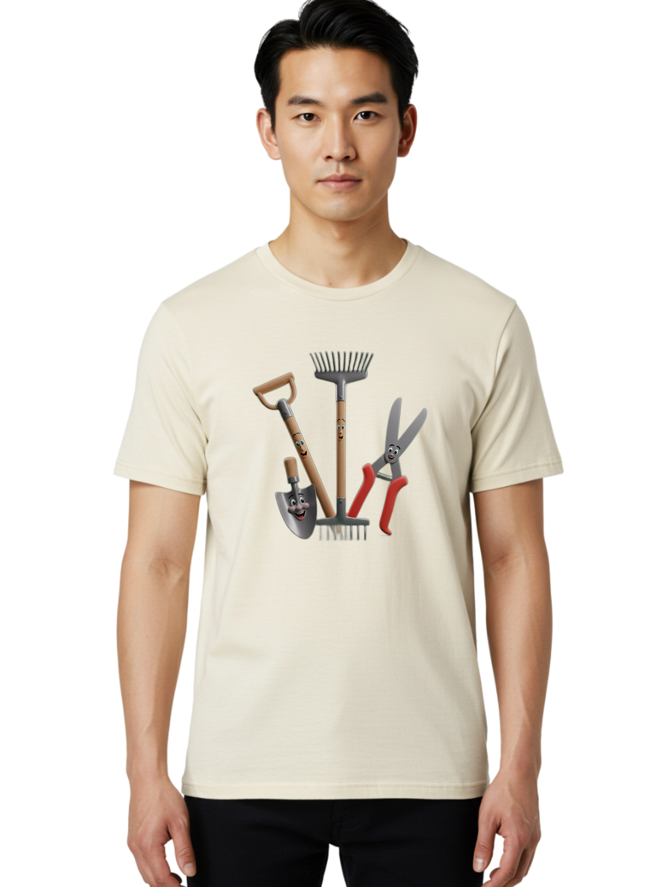 Gardening-Tools-5 Men'S Graphic Tee, 100% Cotton, Comfortable Casual Summer Wear, Machine Washable, Gardening Tools, Shovel, Rake, Pruning Shears, Anthropomorphic, Cartoon-Style, Gardening Equipment, Outdoor Gear, Friendly Tools Baa725