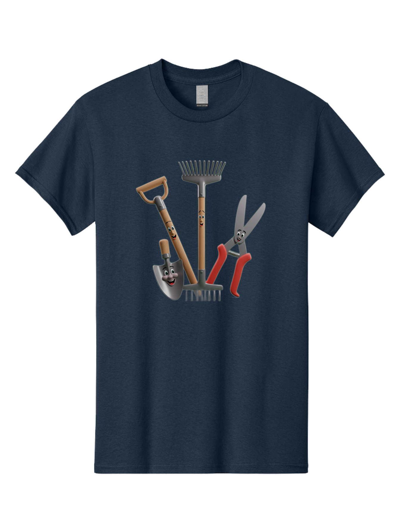 Gardening-Tools-5 Men'S Graphic Tee, 100% Cotton, Comfortable Casual Summer Wear, Machine Washable, Gardening Tools, Shovel, Rake, Pruning Shears, Anthropomorphic, Cartoon-Style, Gardening Equipment, Outdoor Gear, Friendly Tools Baa725
