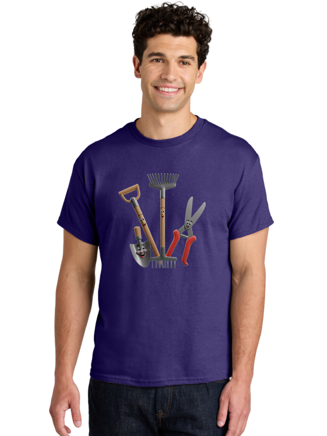 Gardening-Tools-5 Men'S Graphic Tee, 100% Cotton, Comfortable Casual Summer Wear, Machine Washable, Gardening Tools, Shovel, Rake, Pruning Shears, Anthropomorphic, Cartoon-Style, Gardening Equipment, Outdoor Gear, Friendly Tools Baa725