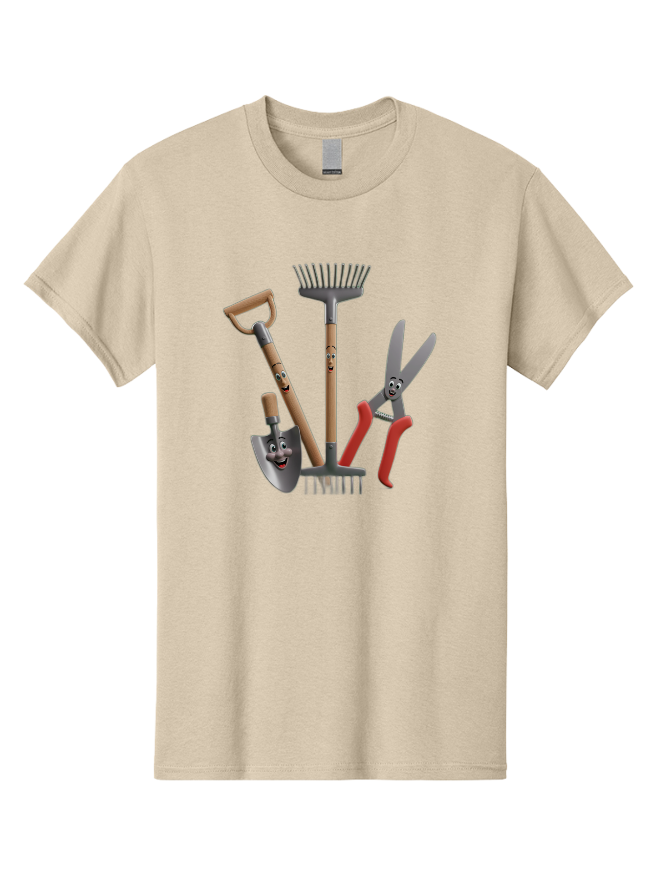 Gardening-Tools-5 Men'S Graphic Tee, 100% Cotton, Comfortable Casual Summer Wear, Machine Washable, Gardening Tools, Shovel, Rake, Pruning Shears, Anthropomorphic, Cartoon-Style, Gardening Equipment, Outdoor Gear, Friendly Tools Baa725