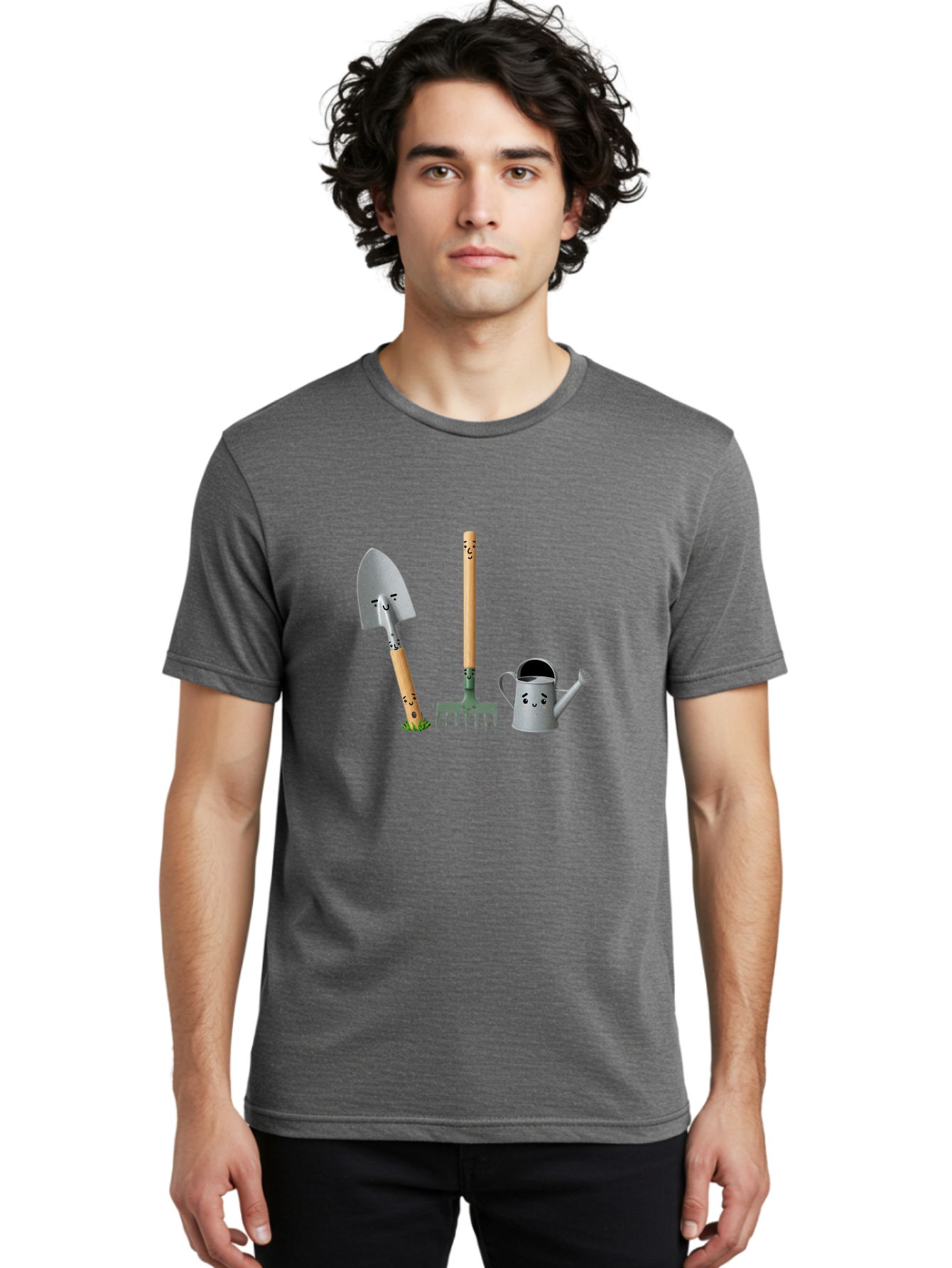 Gardening-Tools-7 Men'S Graphic Tee, 100% Cotton, Comfortable Casual Summer Wear, Machine Washable, Gardening Shovel, Garden Fork, Watering Can, Gardening Equipment, Friendly Tools, Anthropomorphic Objects, Nursery Supplies, Baa727
