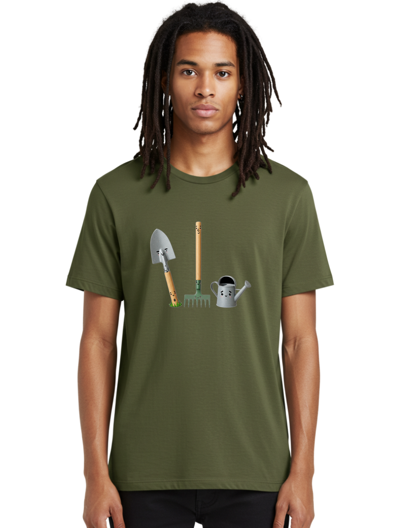 Gardening-Tools-7 Men'S Graphic Tee, 100% Cotton, Comfortable Casual Summer Wear, Machine Washable, Gardening Shovel, Garden Fork, Watering Can, Gardening Equipment, Friendly Tools, Anthropomorphic Objects, Nursery Supplies, Baa727