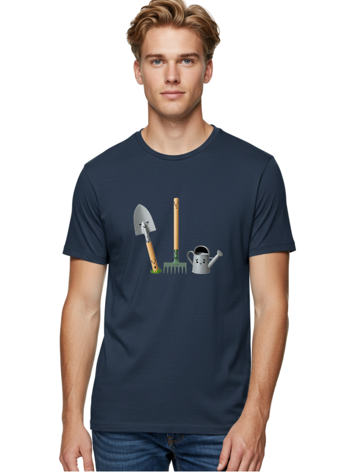 Gardening-Tools-7 Men'S Graphic Tee, 100% Cotton, Comfortable Casual Summer Wear, Machine Washable, Gardening Shovel, Garden Fork, Watering Can, Gardening Equipment, Friendly Tools, Anthropomorphic Objects, Nursery Supplies, Baa727