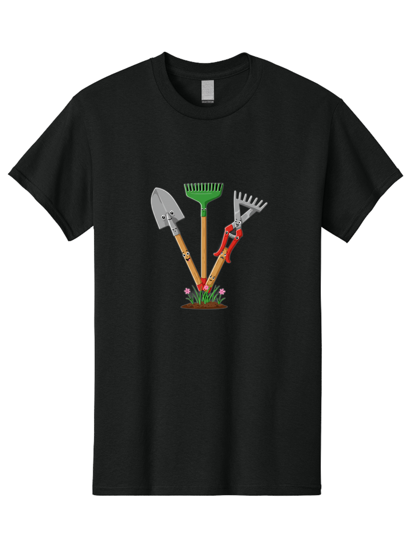 Gardening-Tools Men'S Graphic Tee, 100% Cotton, Comfortable Casual Summer Wear, Machine Washable, Garden Tools, Shovel, Rake, Pruning Shears, Gardening, Anthropomorphic Tools, Cartoon-Style, Human-Like Handles, Gardening Equipment, Baa729