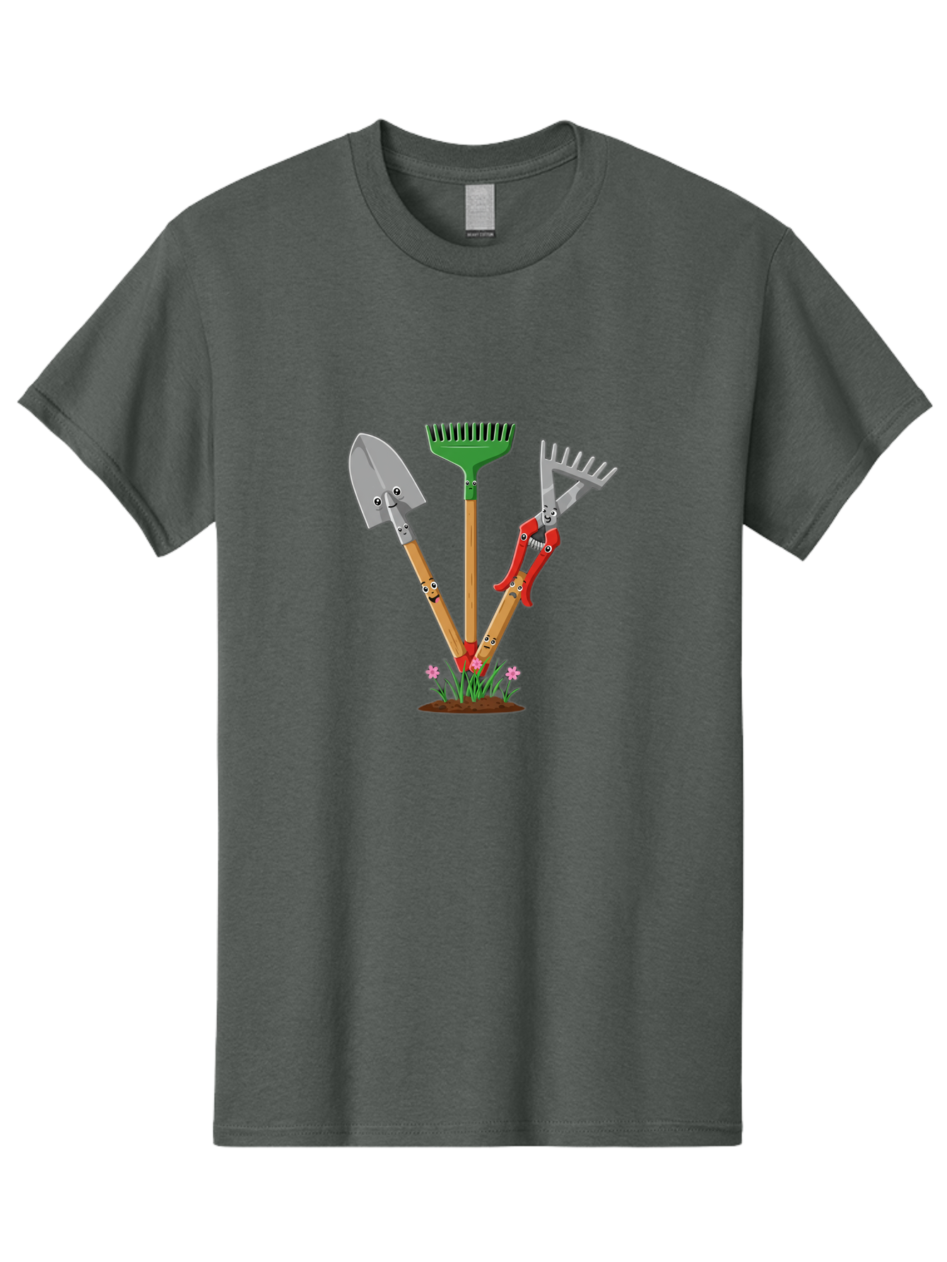 Gardening-Tools Men'S Graphic Tee, 100% Cotton, Comfortable Casual Summer Wear, Machine Washable, Garden Tools, Shovel, Rake, Pruning Shears, Gardening, Anthropomorphic Tools, Cartoon-Style, Human-Like Handles, Gardening Equipment, Baa729