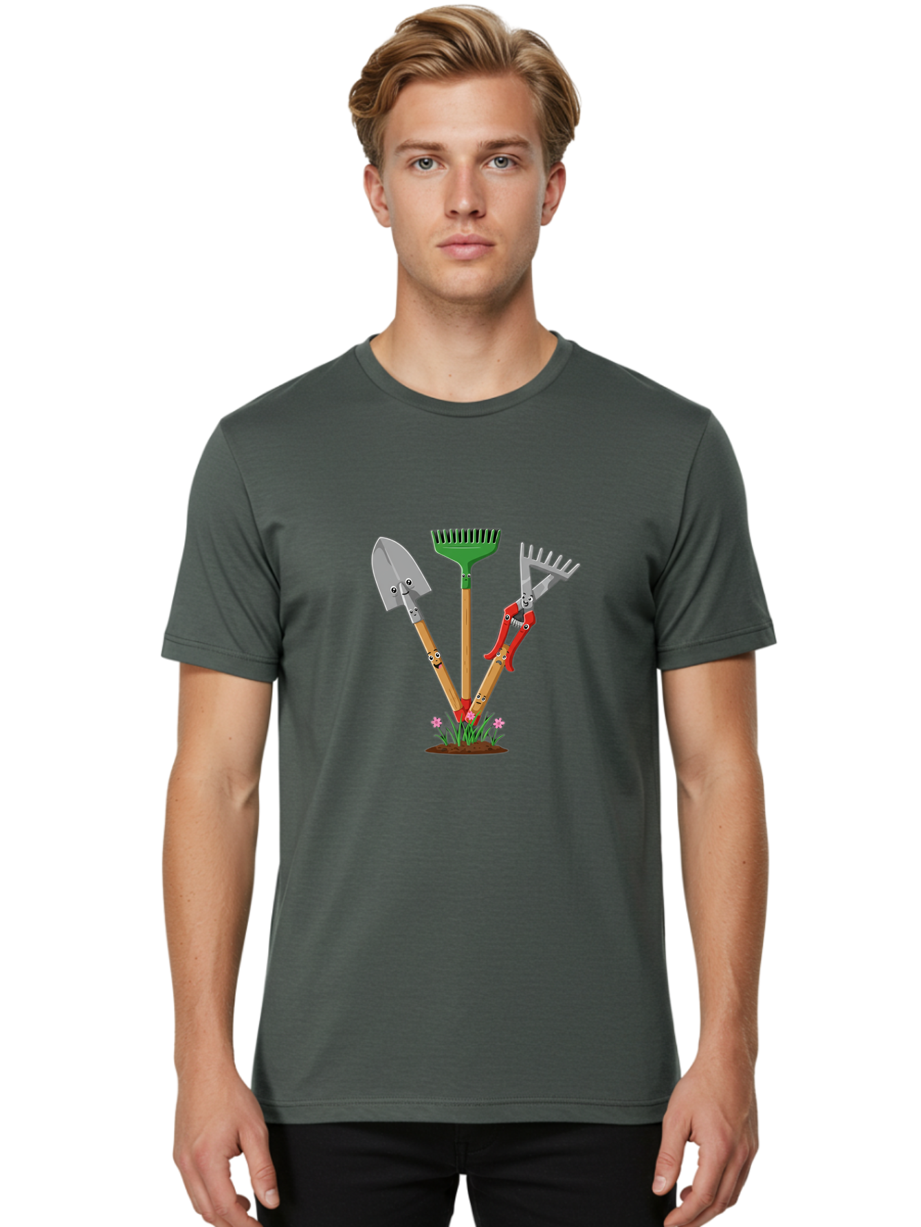 Gardening-Tools Men'S Graphic Tee, 100% Cotton, Comfortable Casual Summer Wear, Machine Washable, Garden Tools, Shovel, Rake, Pruning Shears, Gardening, Anthropomorphic Tools, Cartoon-Style, Human-Like Handles, Gardening Equipment, Baa729