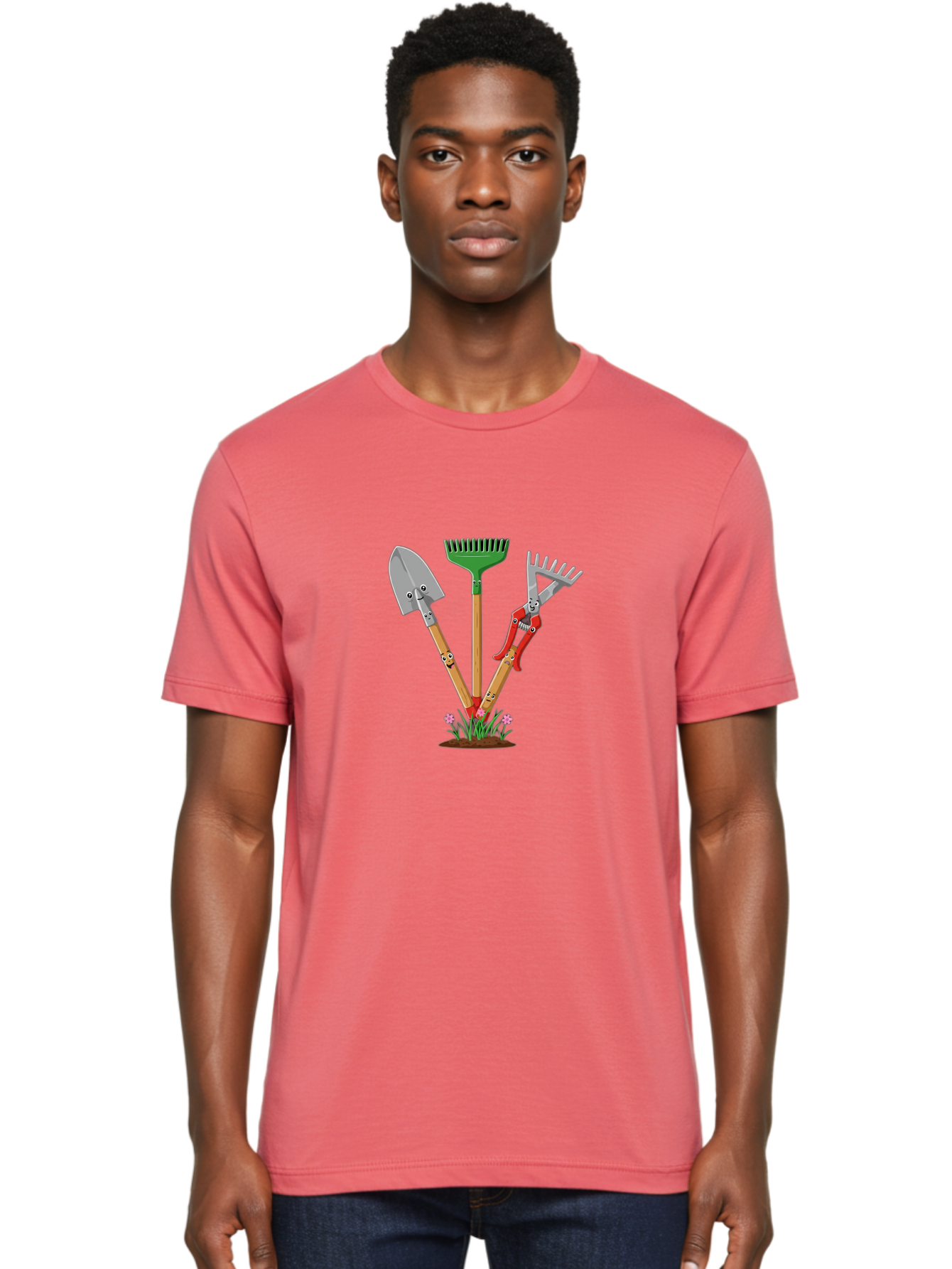 Gardening-Tools Men'S Graphic Tee, 100% Cotton, Comfortable Casual Summer Wear, Machine Washable, Garden Tools, Shovel, Rake, Pruning Shears, Gardening, Anthropomorphic Tools, Cartoon-Style, Human-Like Handles, Gardening Equipment, Baa729