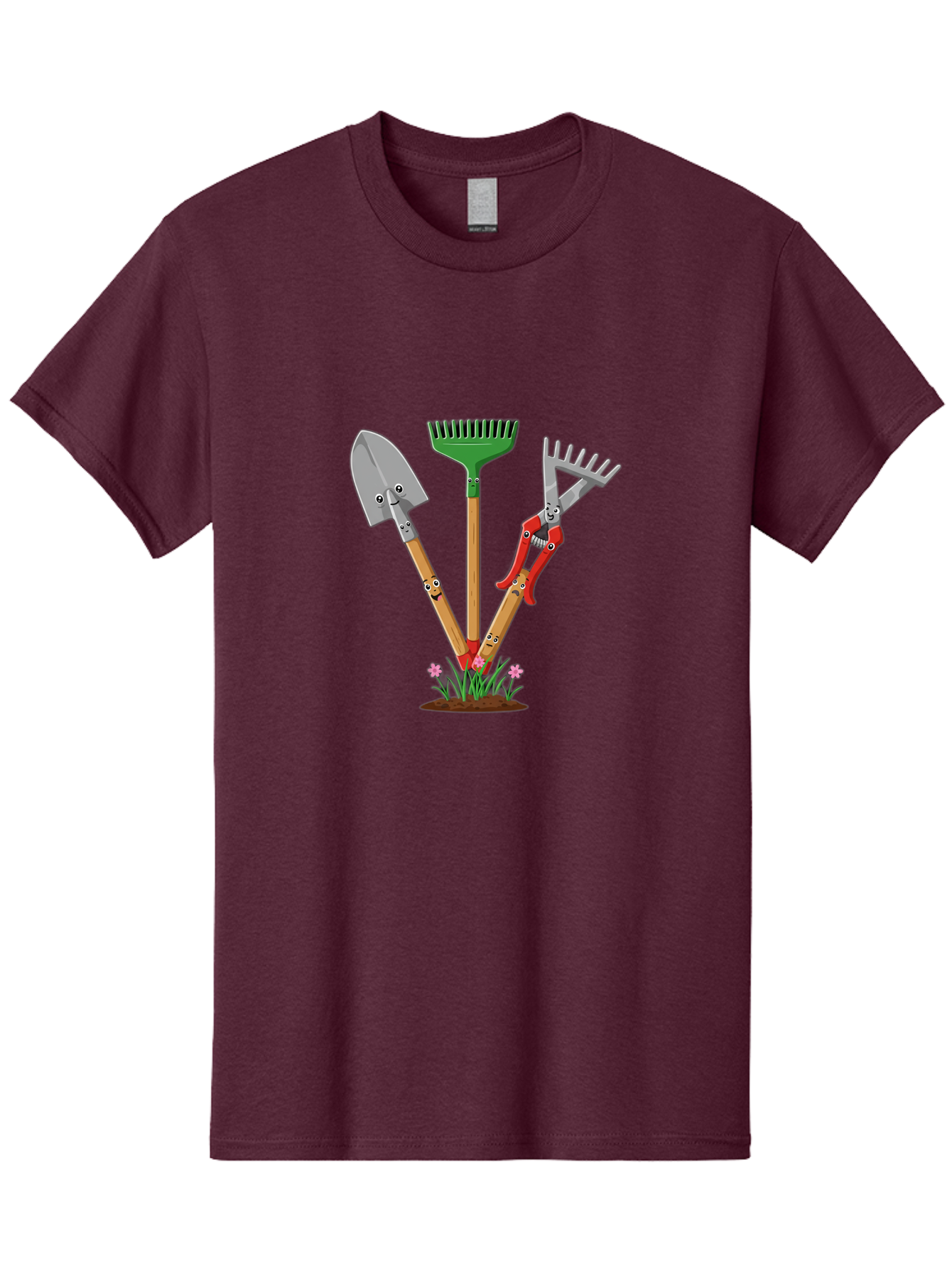 Gardening-Tools Men'S Graphic Tee, 100% Cotton, Comfortable Casual Summer Wear, Machine Washable, Garden Tools, Shovel, Rake, Pruning Shears, Gardening, Anthropomorphic Tools, Cartoon-Style, Human-Like Handles, Gardening Equipment, Baa729