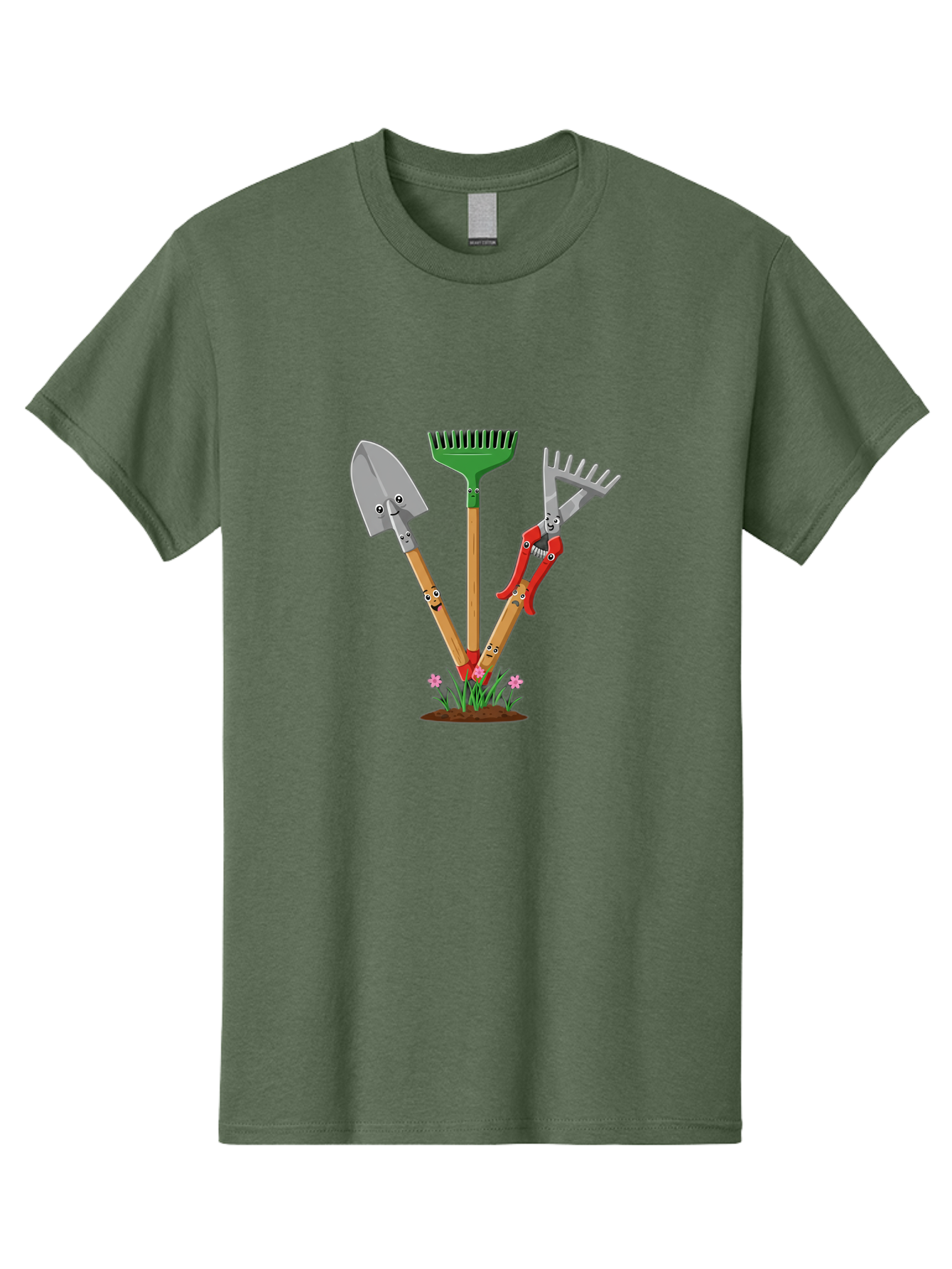 Gardening-Tools Men'S Graphic Tee, 100% Cotton, Comfortable Casual Summer Wear, Machine Washable, Garden Tools, Shovel, Rake, Pruning Shears, Gardening, Anthropomorphic Tools, Cartoon-Style, Human-Like Handles, Gardening Equipment, Baa729