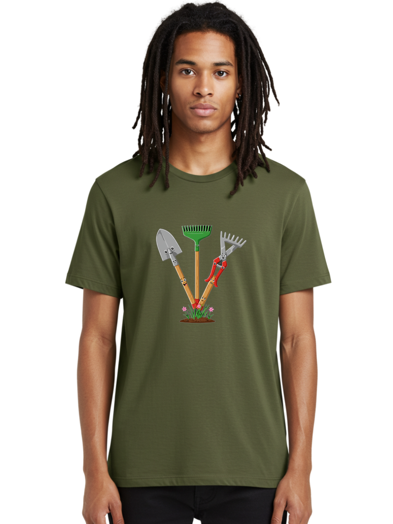 Gardening-Tools Men'S Graphic Tee, 100% Cotton, Comfortable Casual Summer Wear, Machine Washable, Garden Tools, Shovel, Rake, Pruning Shears, Gardening, Anthropomorphic Tools, Cartoon-Style, Human-Like Handles, Gardening Equipment, Baa729