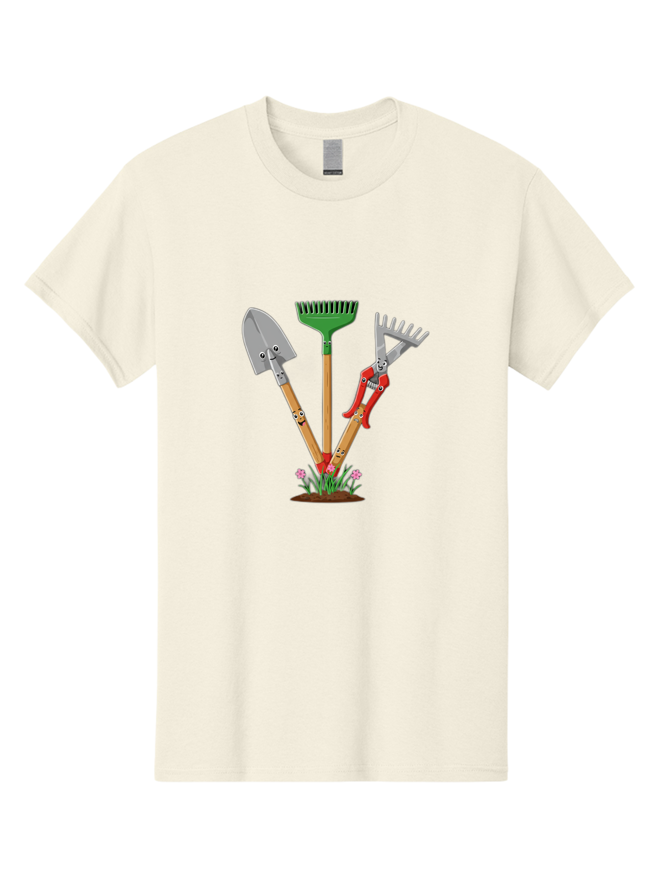 Gardening-Tools Men'S Graphic Tee, 100% Cotton, Comfortable Casual Summer Wear, Machine Washable, Garden Tools, Shovel, Rake, Pruning Shears, Gardening, Anthropomorphic Tools, Cartoon-Style, Human-Like Handles, Gardening Equipment, Baa729