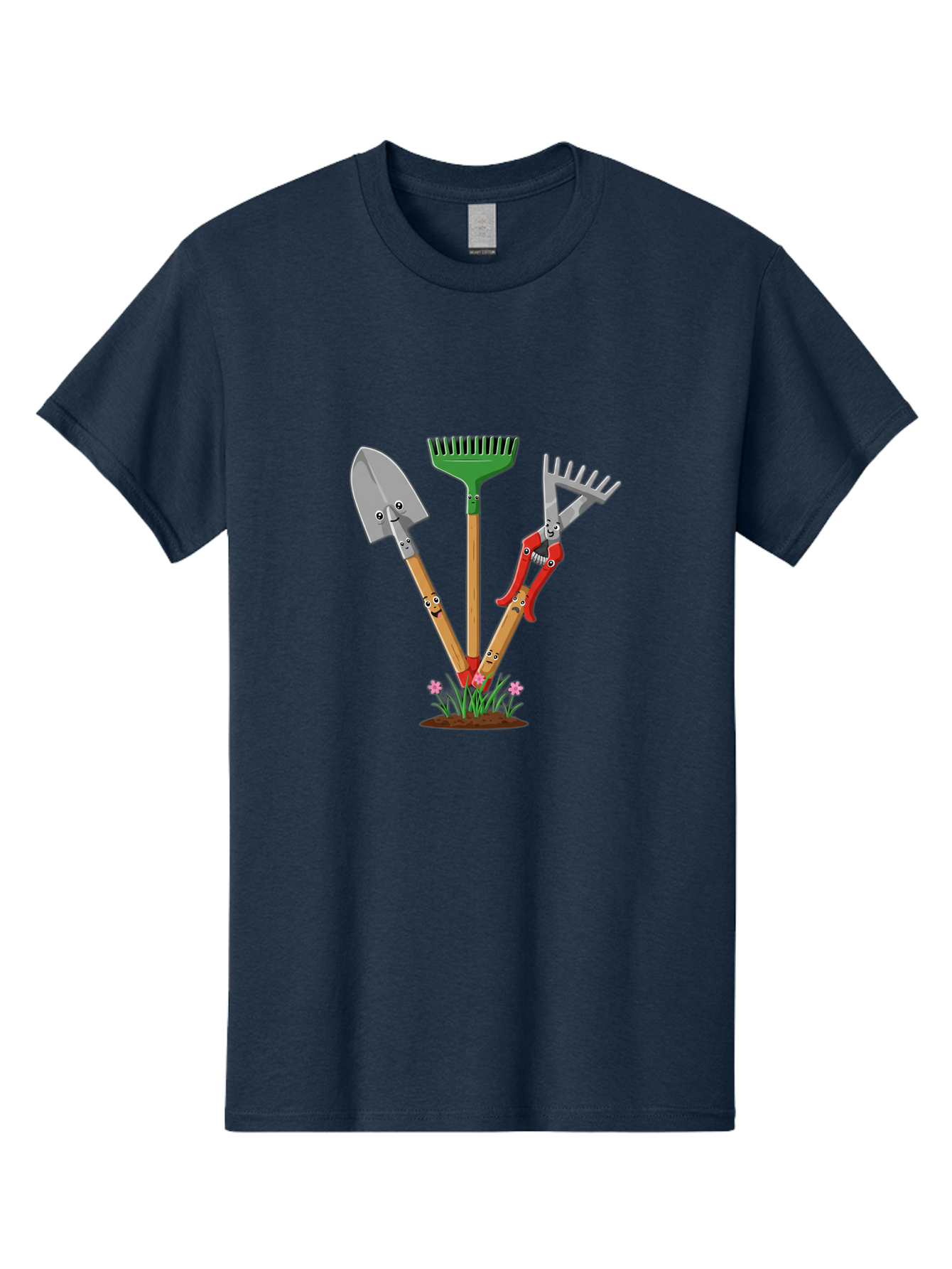 Gardening-Tools Men'S Graphic Tee, 100% Cotton, Comfortable Casual Summer Wear, Machine Washable, Garden Tools, Shovel, Rake, Pruning Shears, Gardening, Anthropomorphic Tools, Cartoon-Style, Human-Like Handles, Gardening Equipment, Baa729