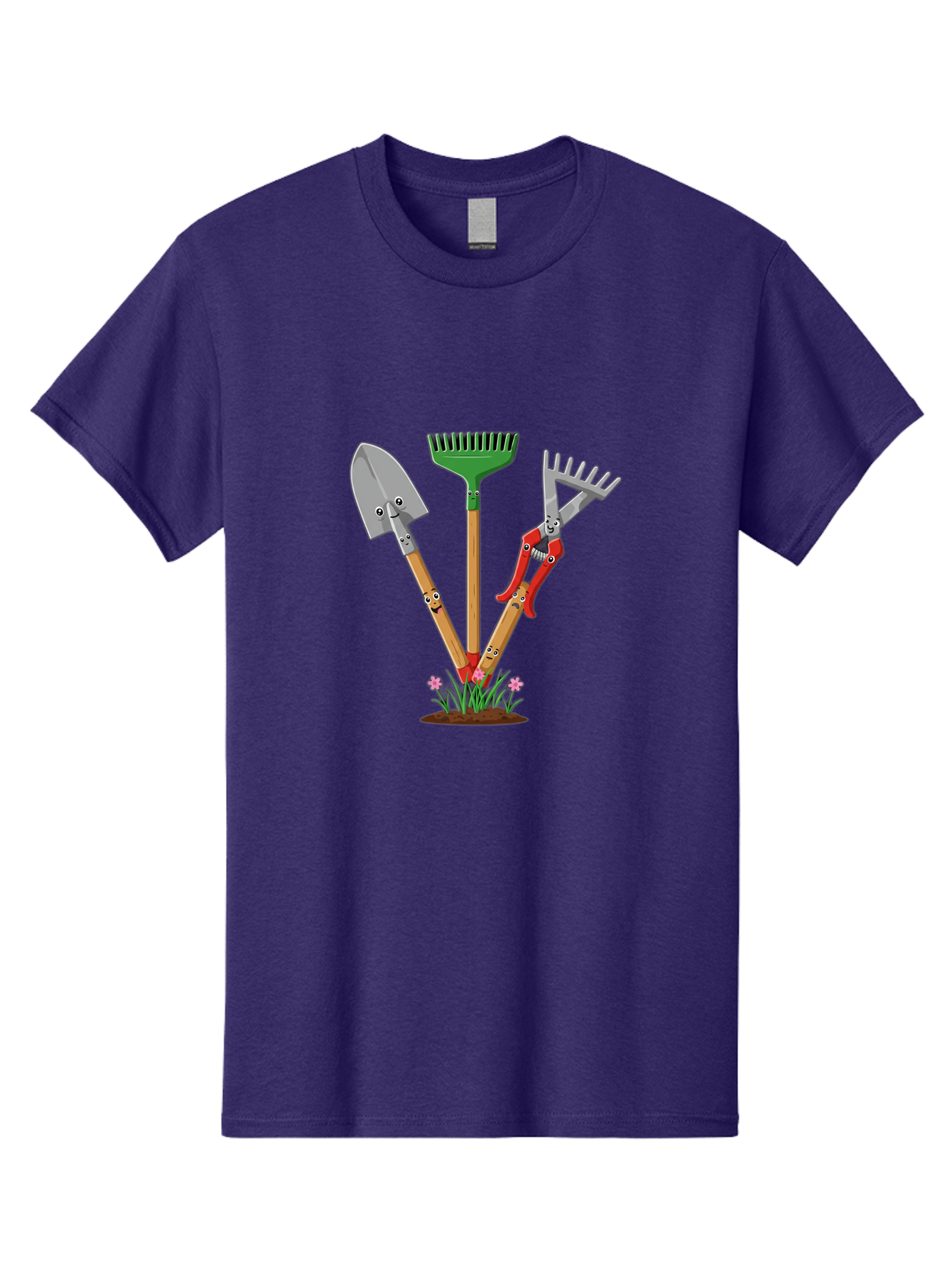 Gardening-Tools Men'S Graphic Tee, 100% Cotton, Comfortable Casual Summer Wear, Machine Washable, Garden Tools, Shovel, Rake, Pruning Shears, Gardening, Anthropomorphic Tools, Cartoon-Style, Human-Like Handles, Gardening Equipment, Baa729